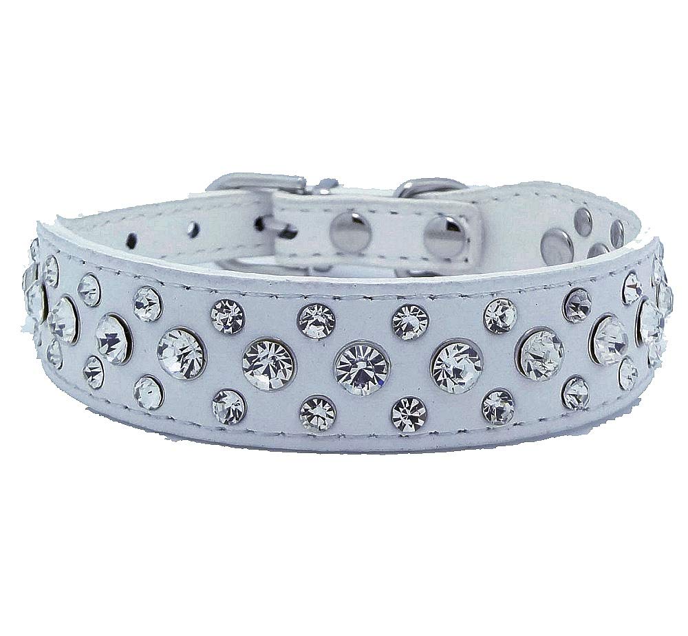 Haoyueer Bling Rhinestone Pu Leather Crystal Diamond Pet Dog Cat Puppy Collar Black S M L Xl(White,M)