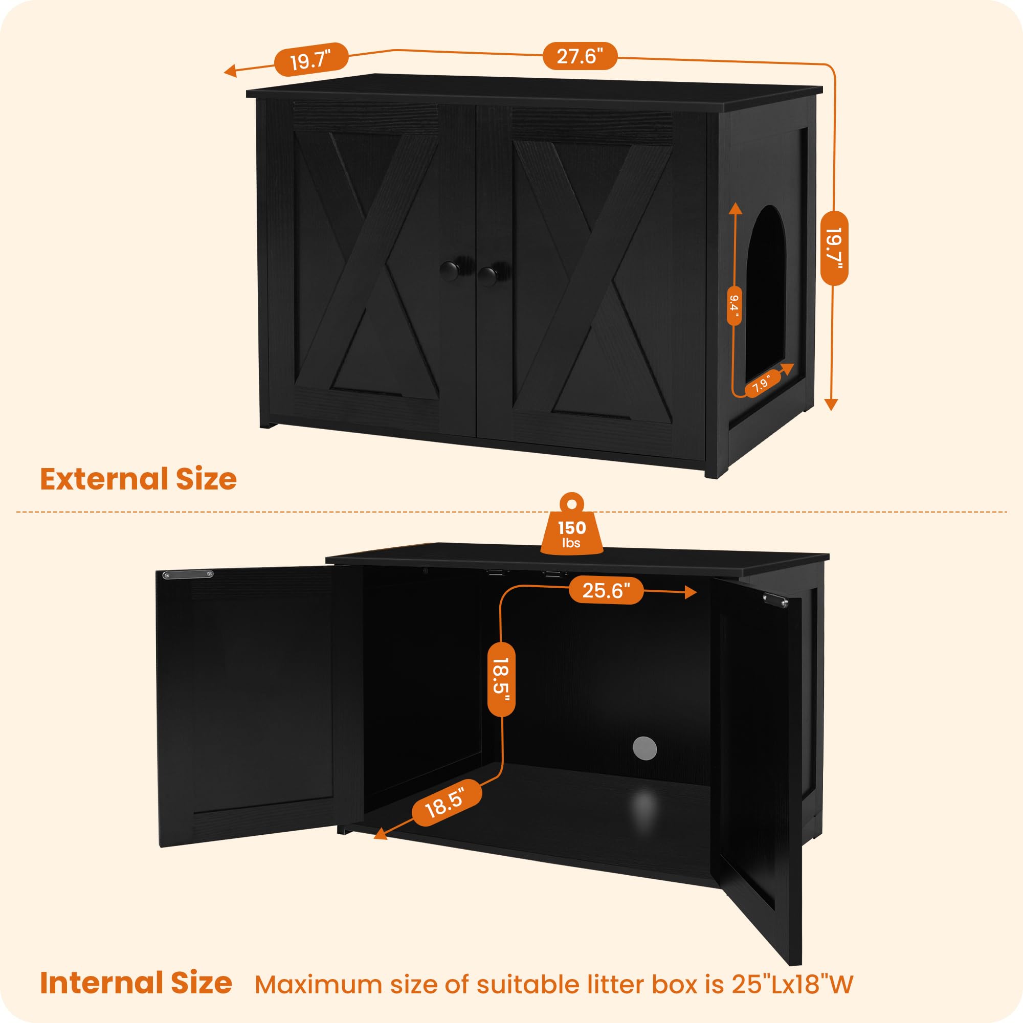 Dwanton Litter Box Enclosure, Cat Litter Box Furniture Hidden, Reversible Entrance Can Be On Left Or Right Side, Wooden Cat Wash