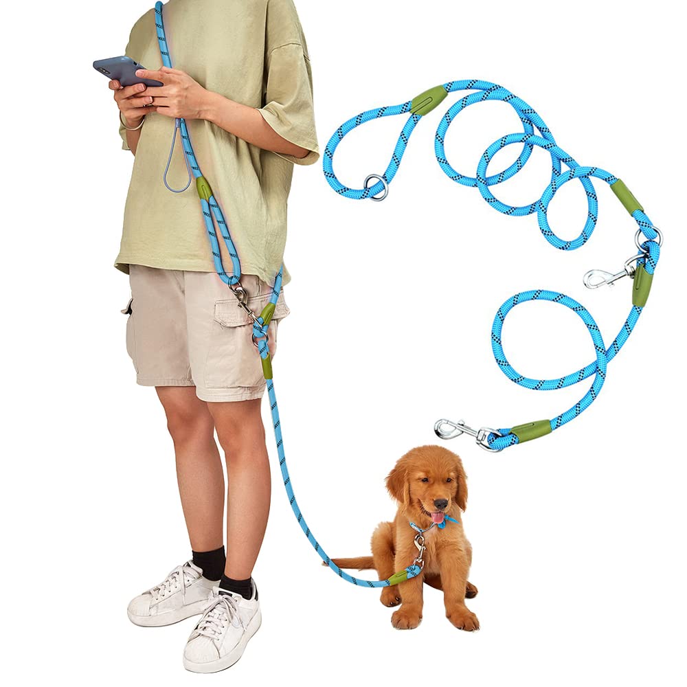 Pawstrip Hands Free Dog Leash Waist & Crossbody Rope With Slip Lead Durable For 2 Dogs Nylon Reflective Heavy Duty Hiking Running Leash For Large Dogs (Blue)