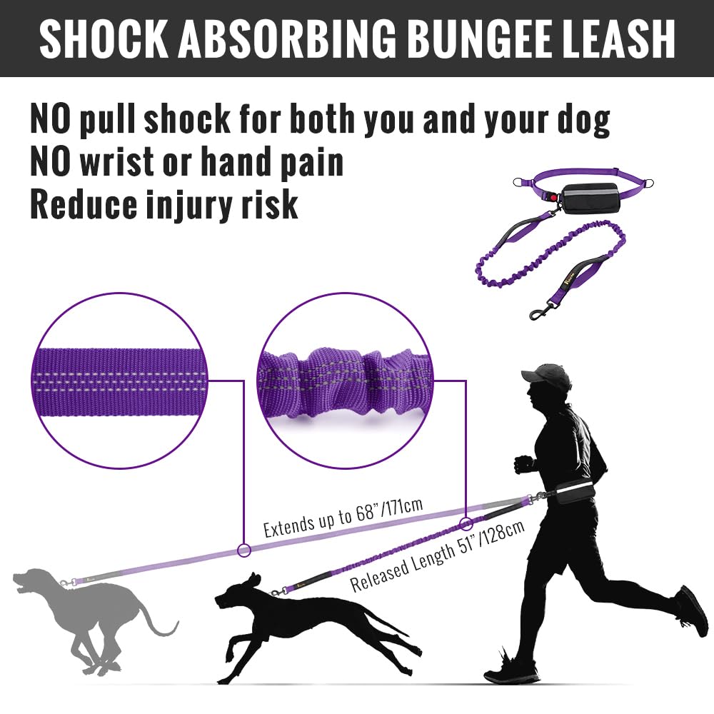 Plutus Pet Hands Free Dual Handle Retractable Bungee Leash With Reflective Stitches, Adjustable Waist For Dogs Walking, Jogging,