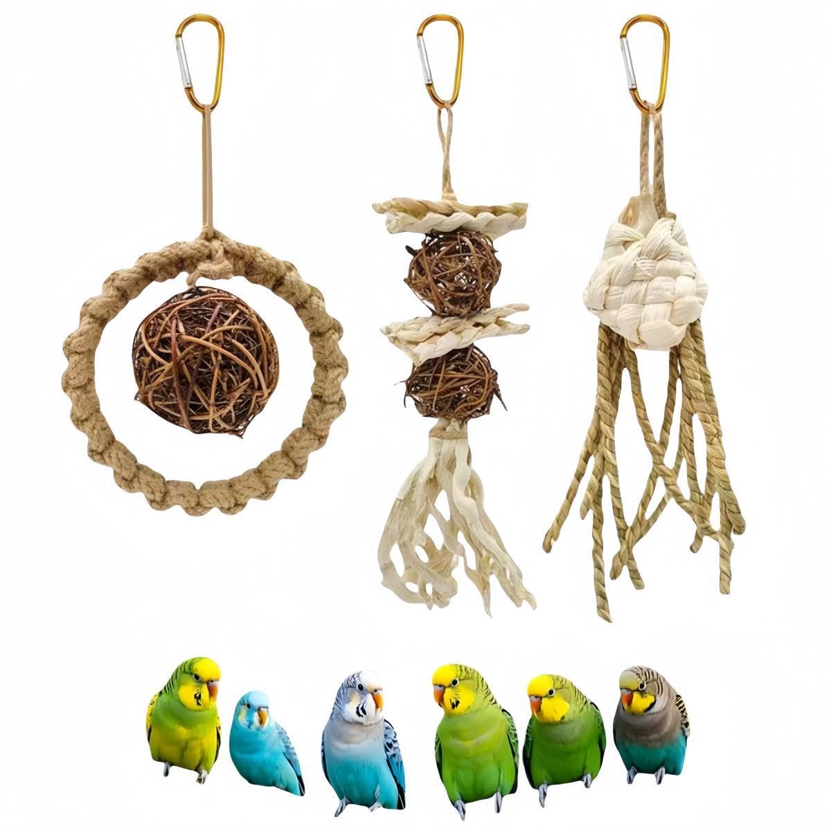 DEYUSHI 3 Pack Natural Straw Rope Hanging Bird Toys Bird Chew Shred Foraging Toys Parakeet Toys Parrot Toys Conure Cockatiel Bud