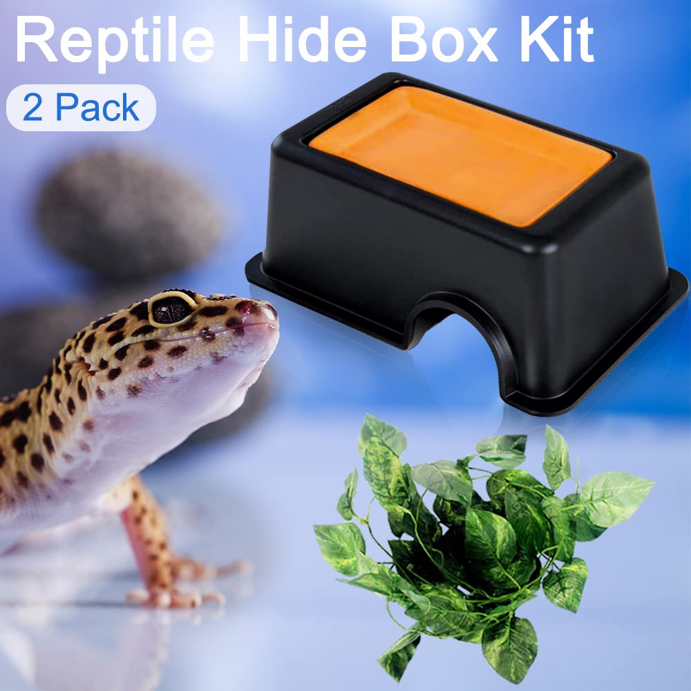 Hamiledyi Reptile Hide Box Gecko Hideout Cave with Sink Humidifier Lizards Hideaway Hut Flexible Leaves Pet Habitat Decor for Sn