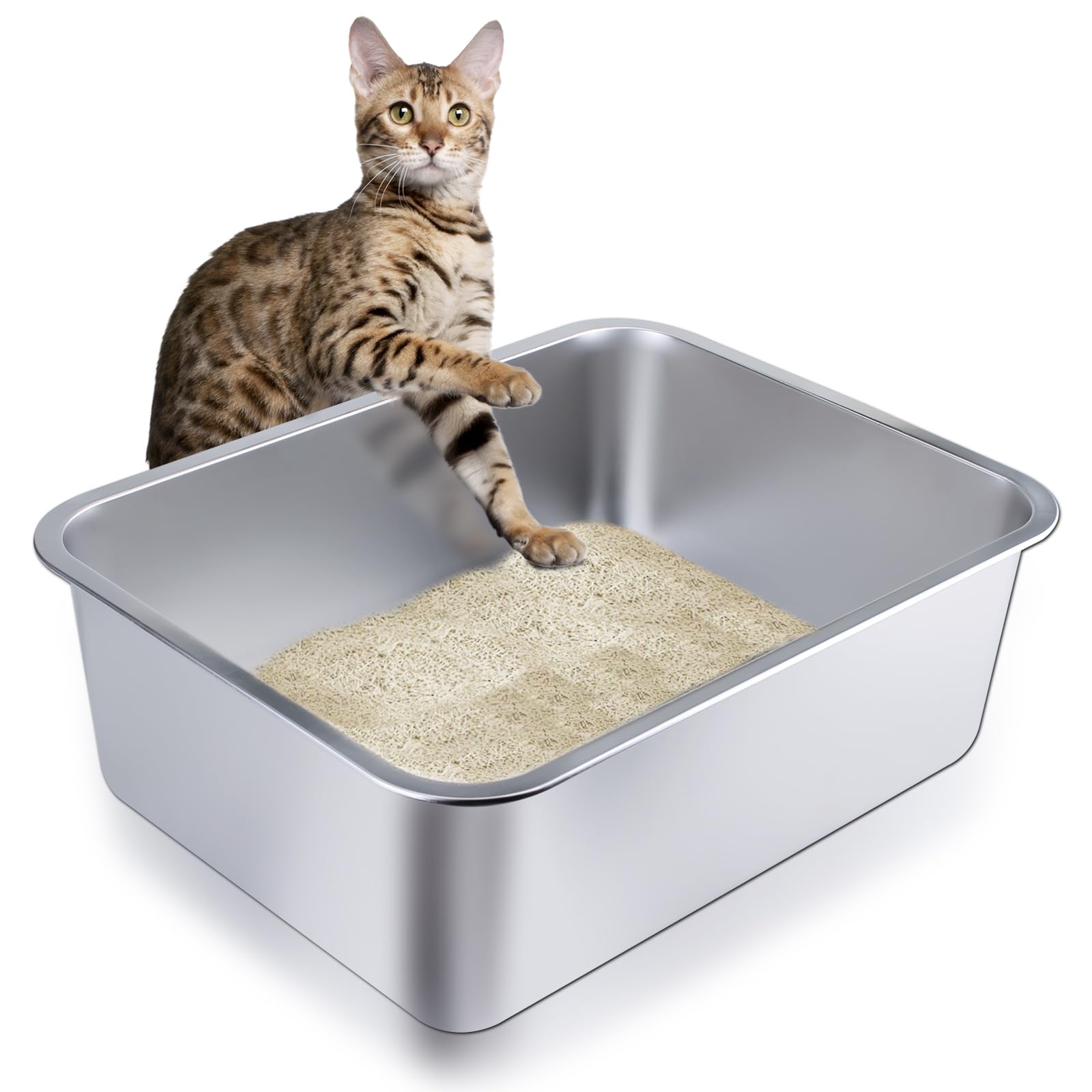 Stainless Steel Cat Litter Box - Large Metal High-Sided Litter Pan For Cats, Rabbits, And Pets, Non-Stick, Odor-Free, Easy To Cl