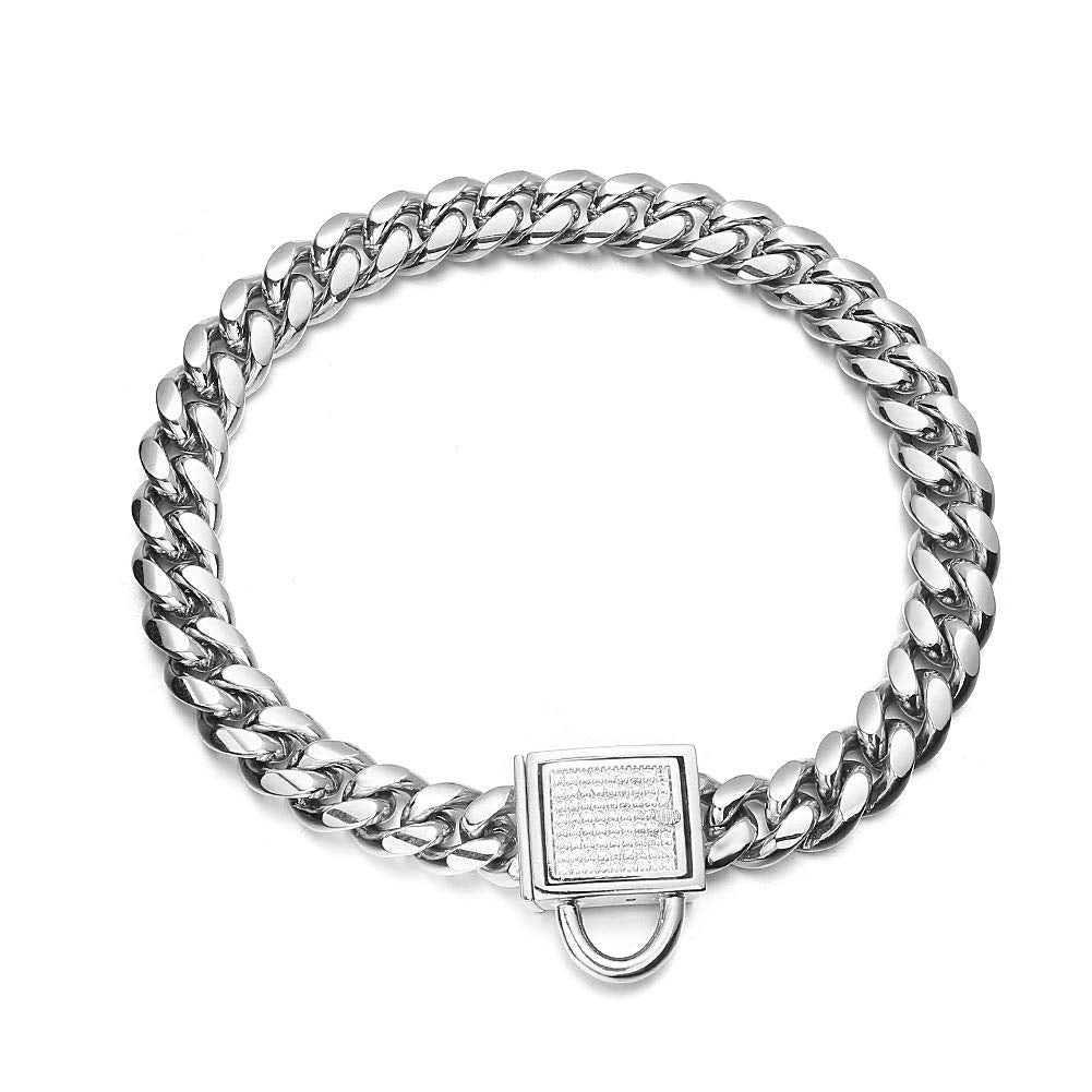 Aiyidi Dog Chain Collar 10Mm Wide Cuban Link Puppy Collar 316L Stainless Steel With Cz Diamond Lock Bling Collar For Large Dogs(