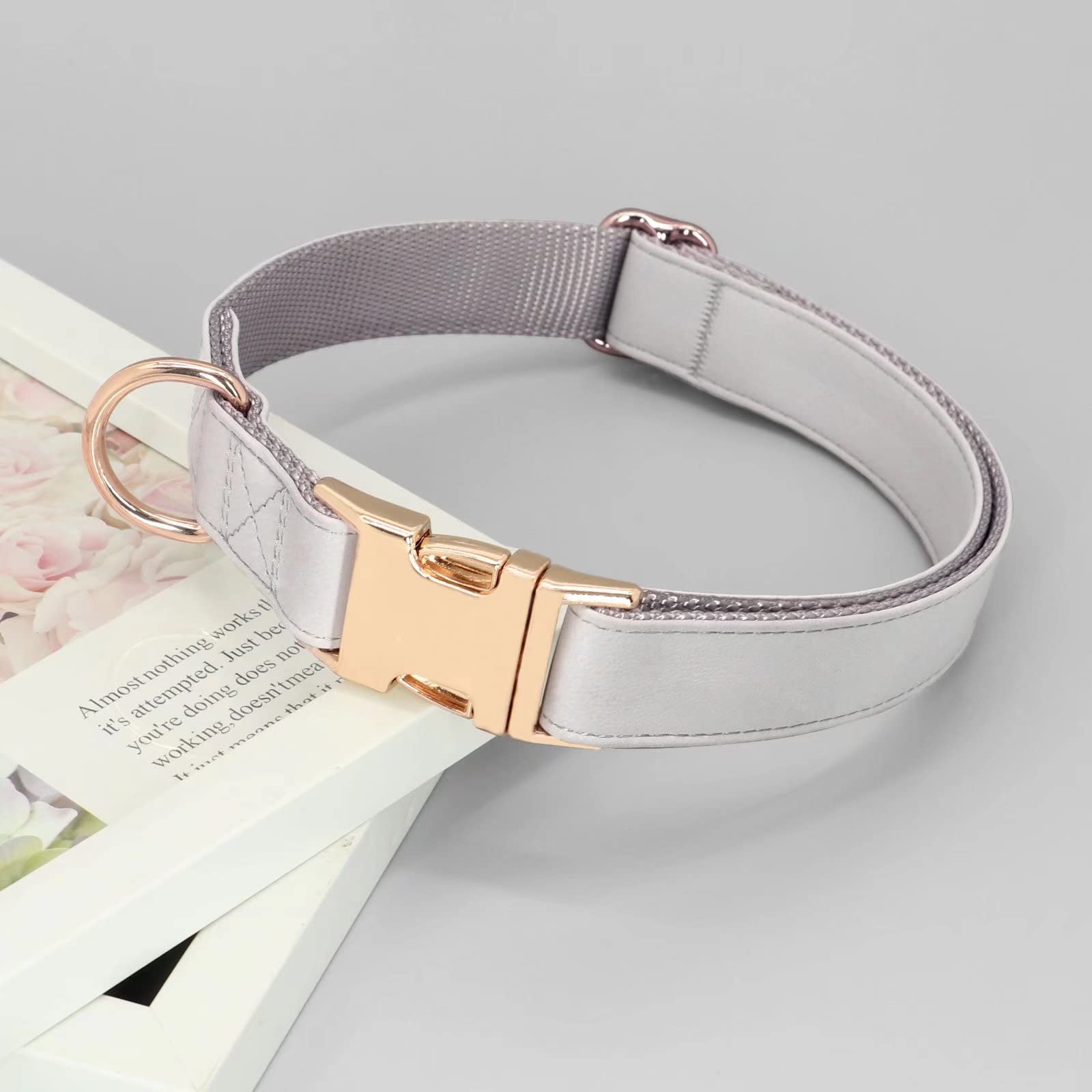Pet Artist Charming Nylon Dog Collar With Leather Soft Comfy Elegant Nylon Collars For Dogs Small Medium Large 4 Bright Solid Color For Choosing Blue Red Brown Grey (Grey,Neck Fit 9-14'')