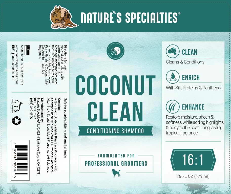 Nature'S Specialties Coconut Clean Ultra Concentrated Dog Conditioning Shampoo For Pets, Makes Up To 2 Gallons, Natural Choice For Professional Groomers, Adds Highlighting And Body, Made In Usa, 16 Oz