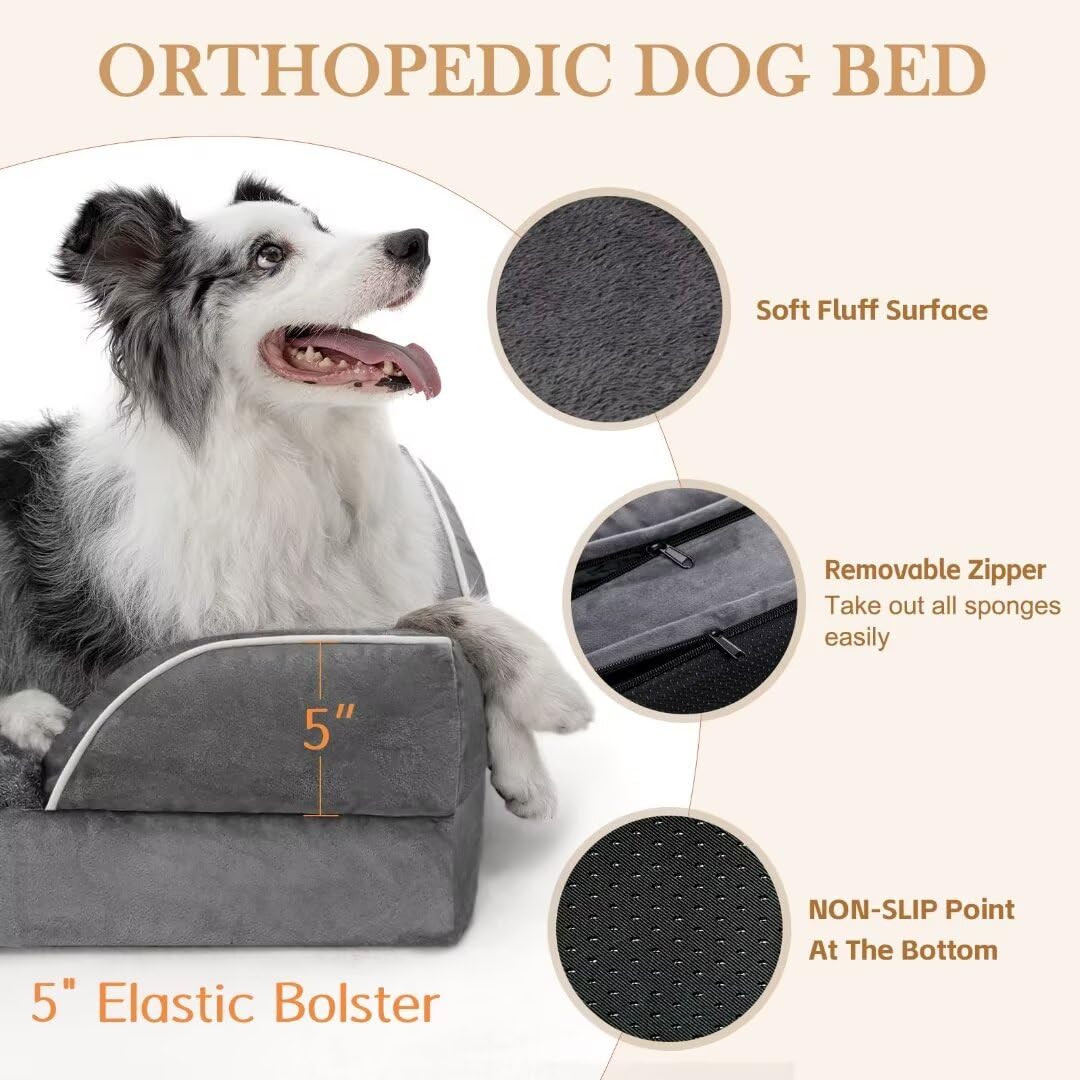 Comfort Expression Cooling Dog Bed, Memory Foam Orthopedic Dog Bed, Dog Beds For Extra Large Dogs, Xl Dog Bed With Removable Cover, Waterproof Pet Bed Large With Bolster(X-Large,Leaden Grey)
