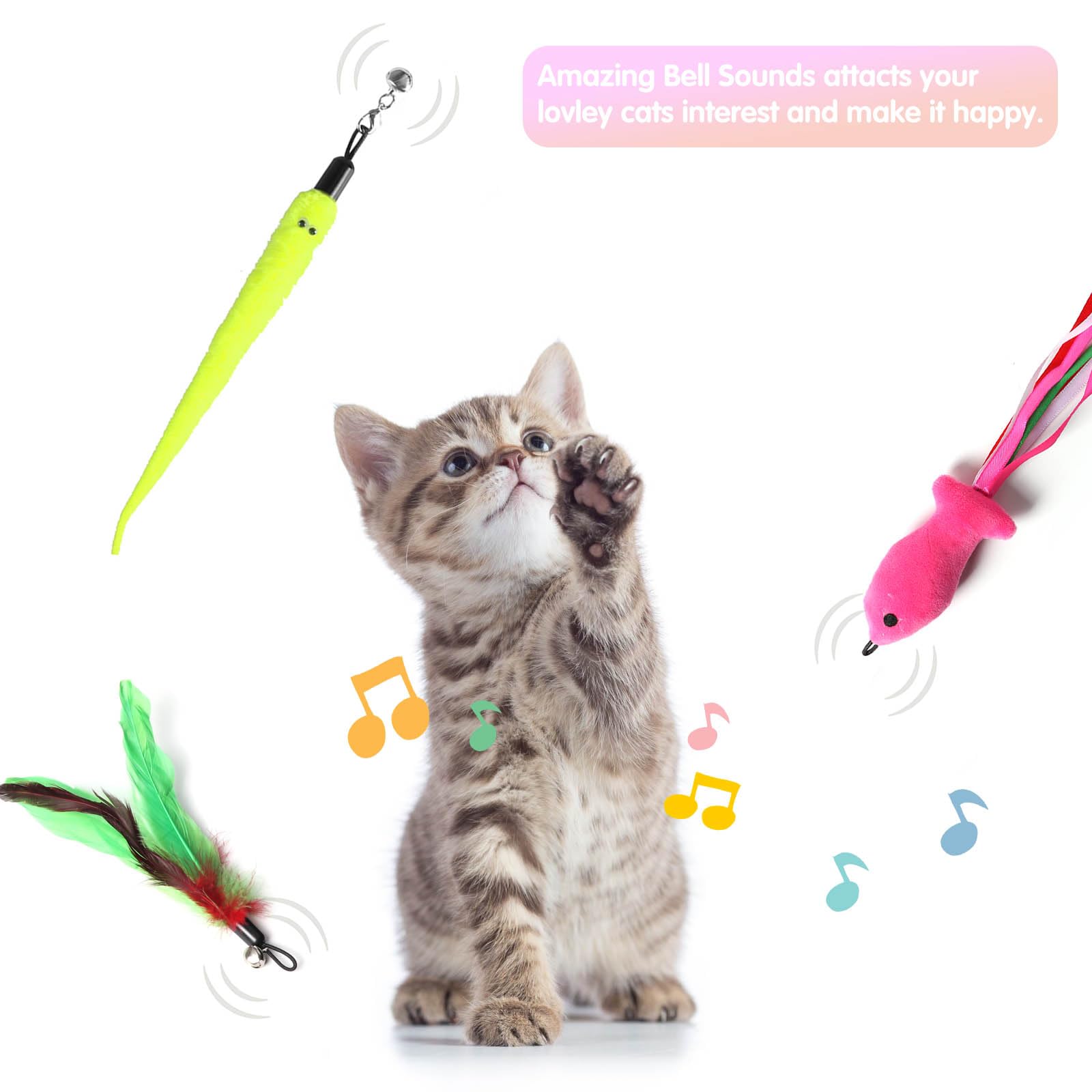 M Jjypet Retractable Cat Toy Wand, 12 Packs Interactive Cat Feather Toys, 9 Assorted Teaser Refills With Bell For Kitten (Pink)