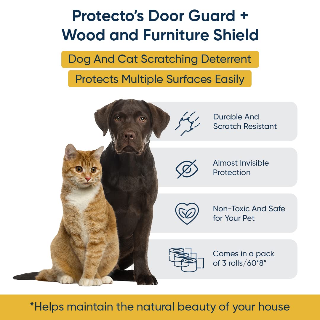 Protecto® Pet Scratch Protector W/Custom-Cut Knife - 3-Pack 60' X 8” Door Guard + Wood & Furniture Shield For Dog & Cat Scratching Deterrent, Defender & Repellent W/Super Sticky Self-Adhesive Backing
