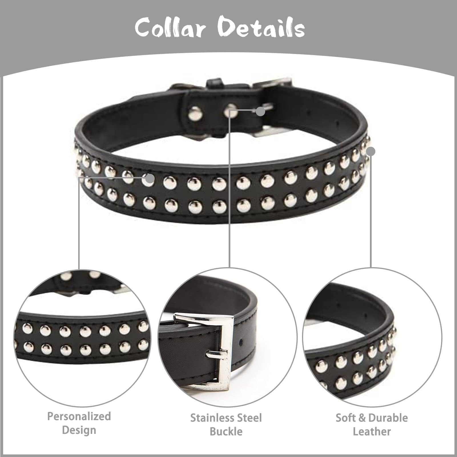 Bingpet Leather Dog Collar,Adjustable Dog Real Split Pu Leather Studded Pet Dog Collar,Studded Dog Collar Leather Pet Collars For Small Medium Large Pet - Black L