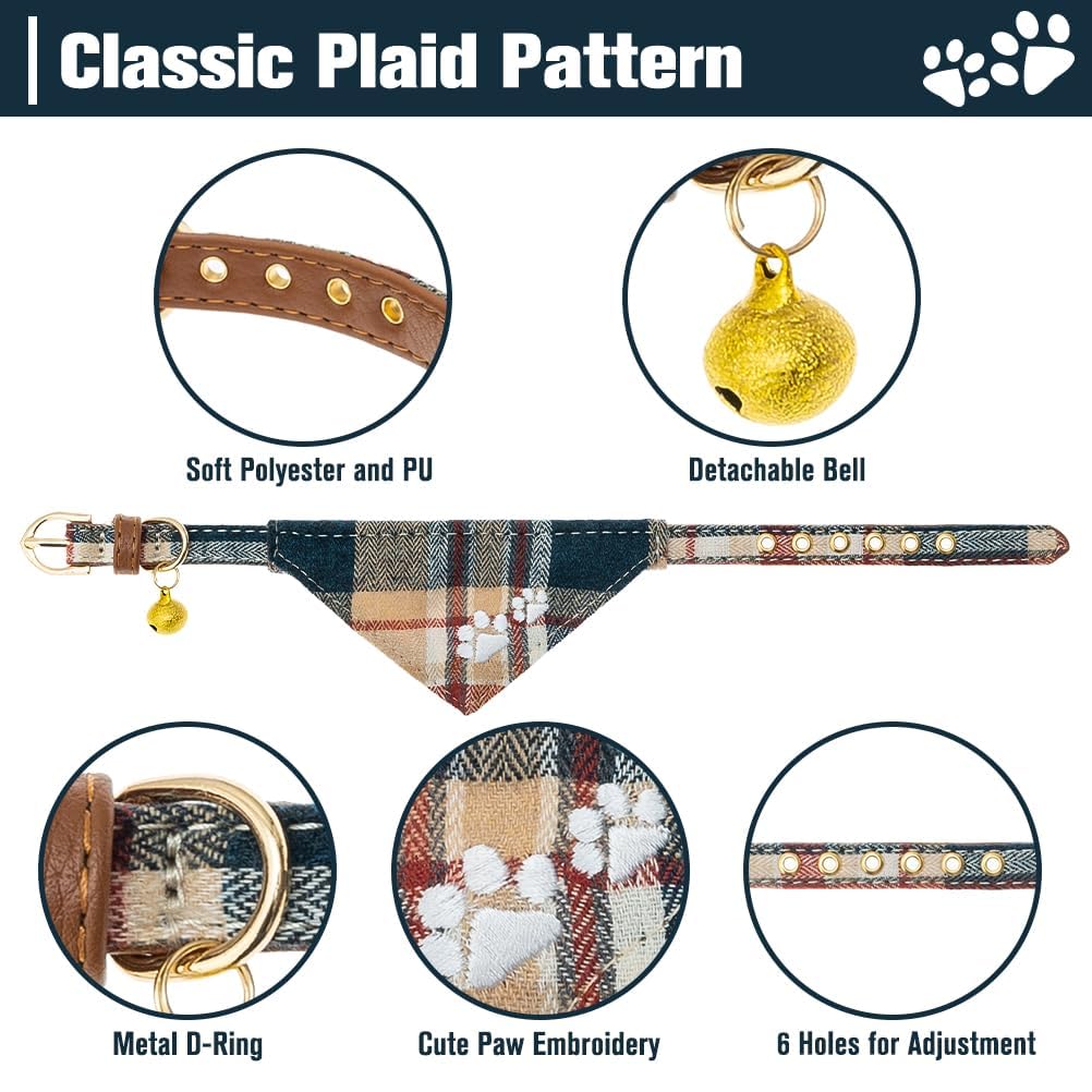 Expawlorer Dog Collar And Leash Set - Embroidery Pawprints Plaid Dog Collar And Dog Leash Set, Bow Tie And Bandana Dog Collar Wi