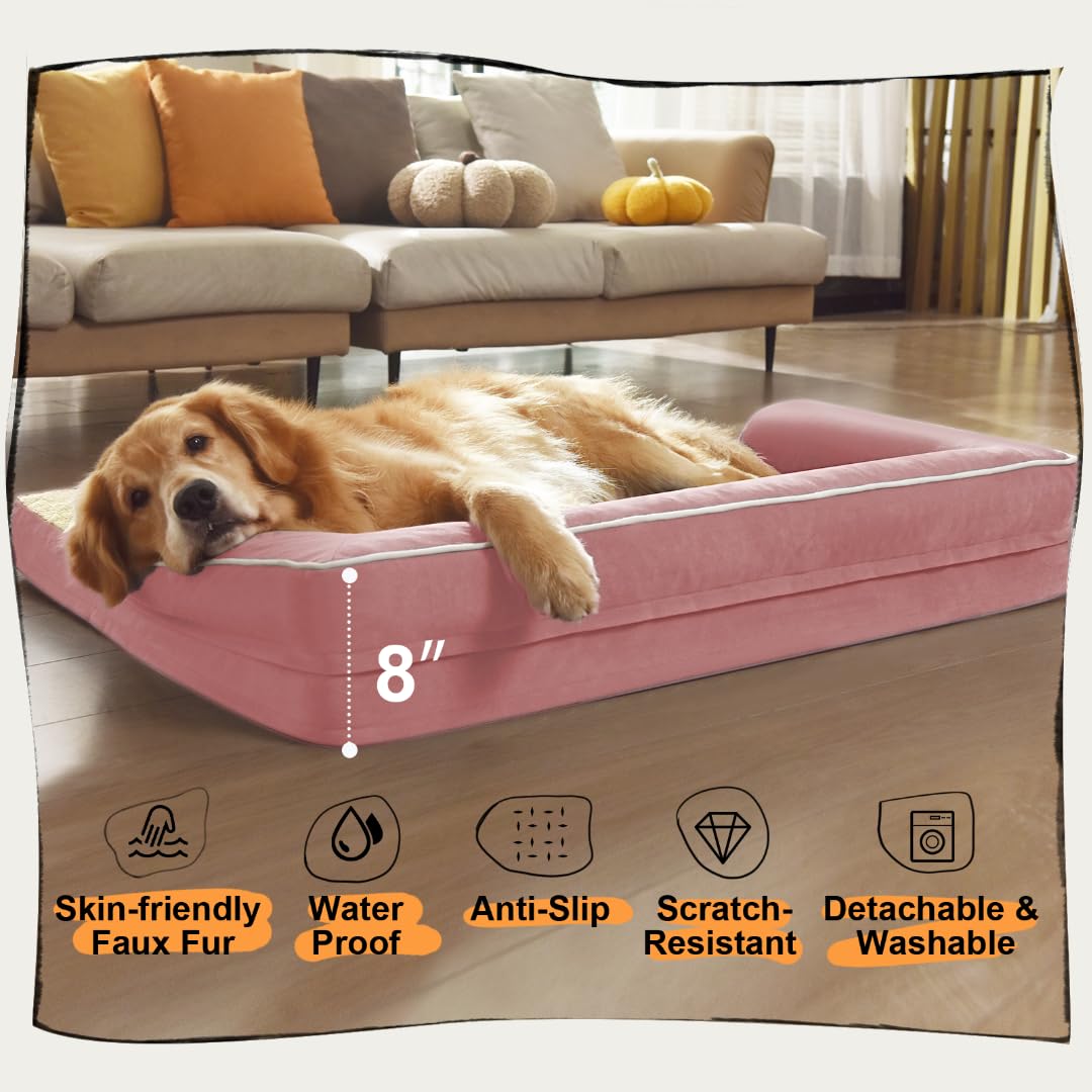 Orthopedic Washable Large Dog Bed, Pink Dog Beds With Removable Cover, Large Xxxl Pet Dog With Bolster, Washable Dog Bed Sofa With Orthopedic Egg Foam For Medium Large Dog