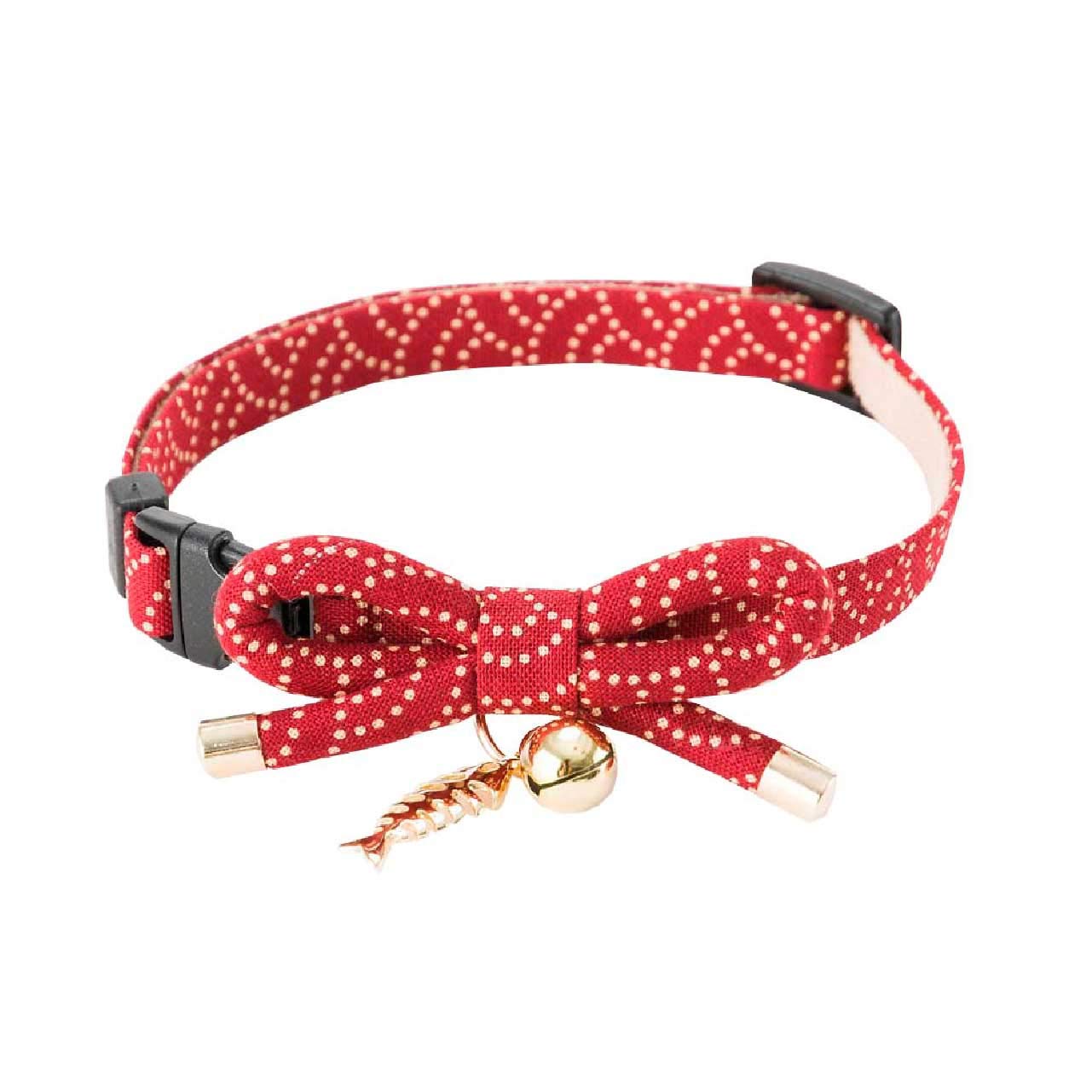 Necoichi Zen Fish Charm Cat Collar (Red) With Bell Safety Breakaway Soft Lightweight For Cats Kitty Kitten Japanese Stylish Pattern, No.1 Seller In Japan