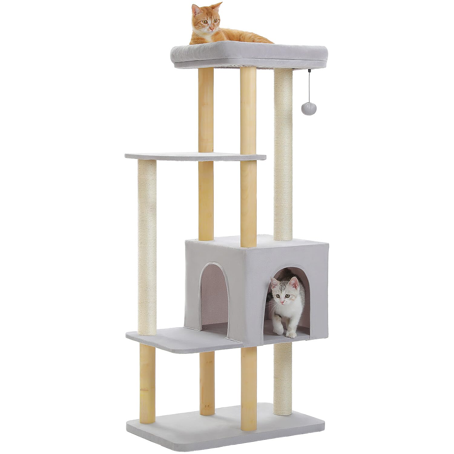 Pawz Road Large Cat Tree, 53 Inches Modern Wooden Cat Tower For Indoor Cats, Multi-Level Cat Condos With Long Scratching Posts A