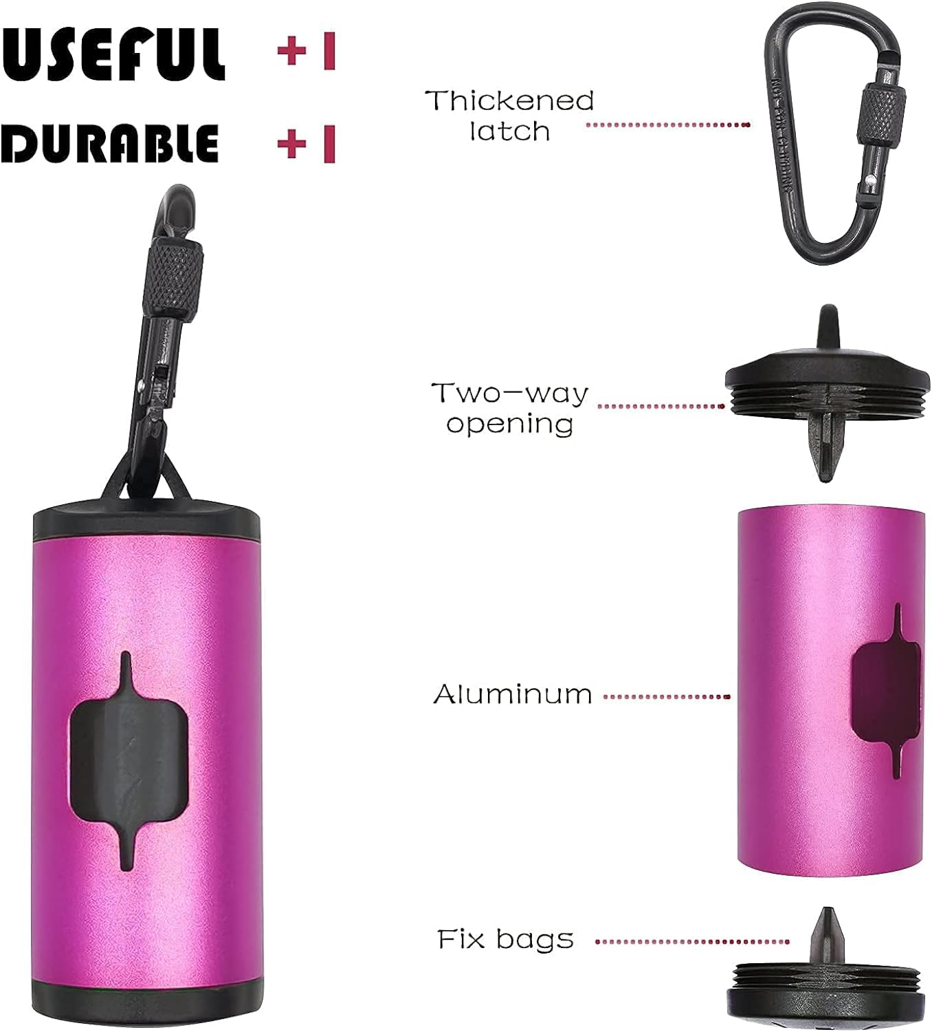 Shaouman Metal Dog Poop Bags Holder Aluminum Poo Bags Dispenser With 15 Black Unscented Pet Waste Bags And 3 Leash Accessories For Dog Walking(1 Holder 15 Bags,Pink)