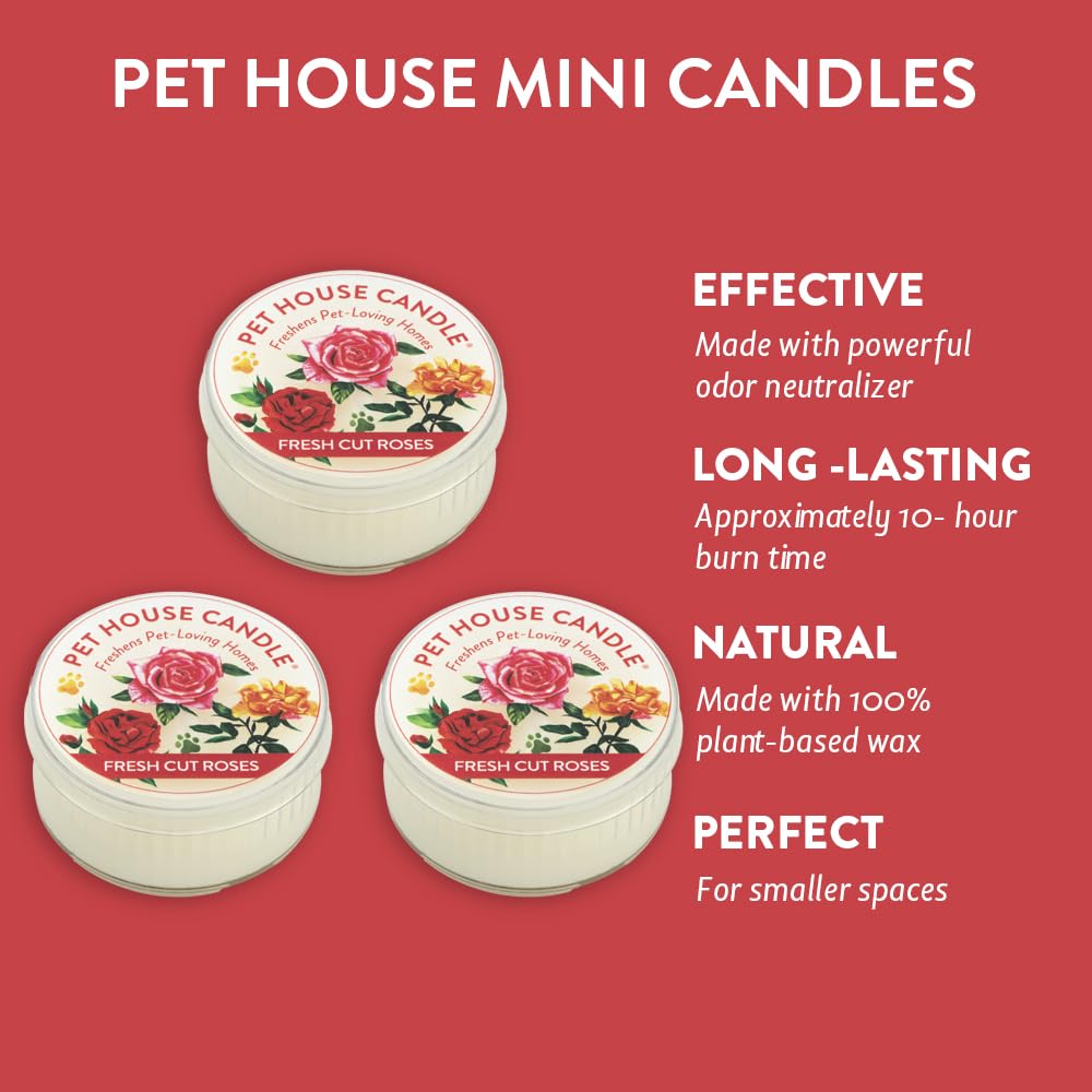 One Fur All Pet House Candle - Fresh Cut Roses 3 Pack - Pet Odor Eliminator - Natural Wax Candle Set