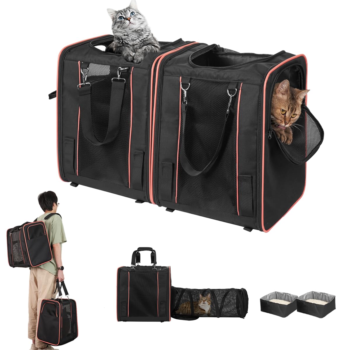 Extra Large Cat Carrier With Litter Box For 2 Cats, Sofe Sided Cat Carrier With Tunnel, Portable Cat Travel Carrier For Cats Sma