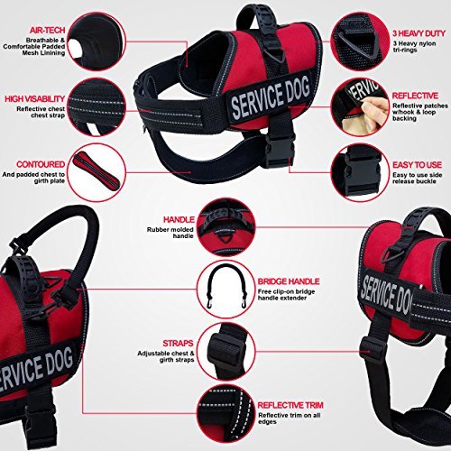 Activedogs Service Dog Vest Harness + Free Clip-On Bridge Handle + Free Clip-On Id Carrier + Free Ada Cards + Free Reflective Service Dog Patches (L (Girth 25”-35”), Red)