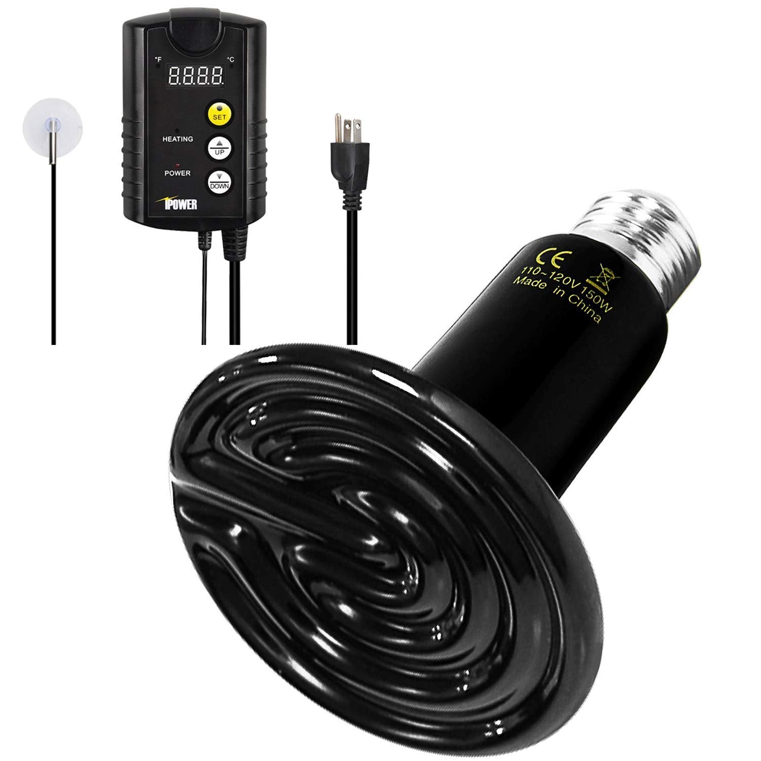 Simple Deluxe 150W Reptile Heat Bulb And 40-108 Degrees Fahrenheit Digital Thermostat Controller Included, For Amphibian Pet & Incubating Chicken, Black