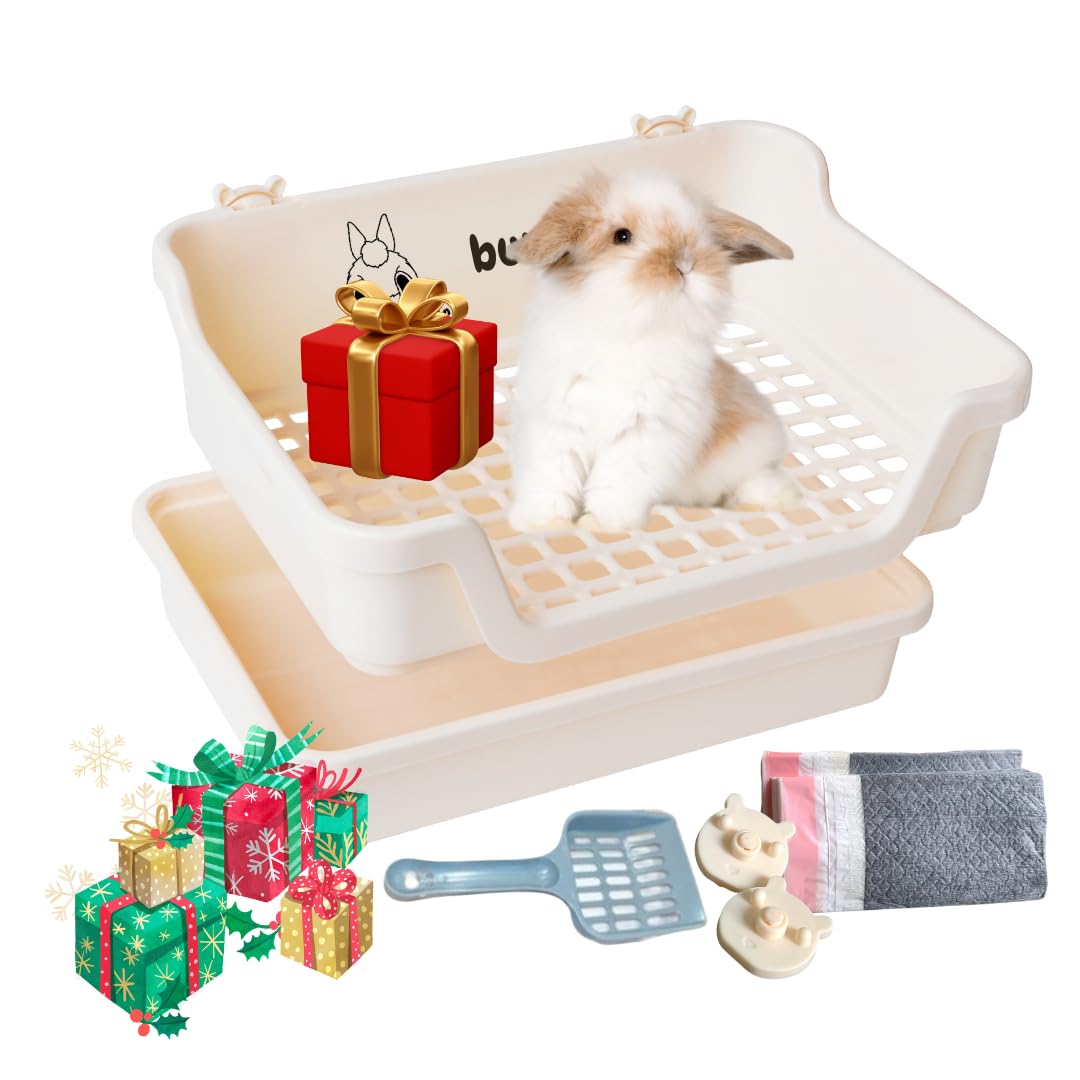Bumbox Rabbit Large Litter Box W/Plastic Grid Safe For Bunny Feet - Training Rabbit Cage Indoor Or Outdoor For Small And Large Animal, 15.75In -Cream