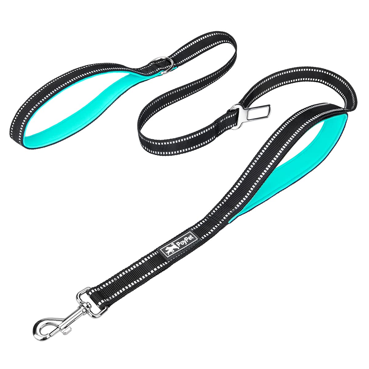 Poypet 5 Feet Dog Leash - 3M Reflective - 2 Cushioned Handles - Functional Car Seat Belt(Mint Blue)