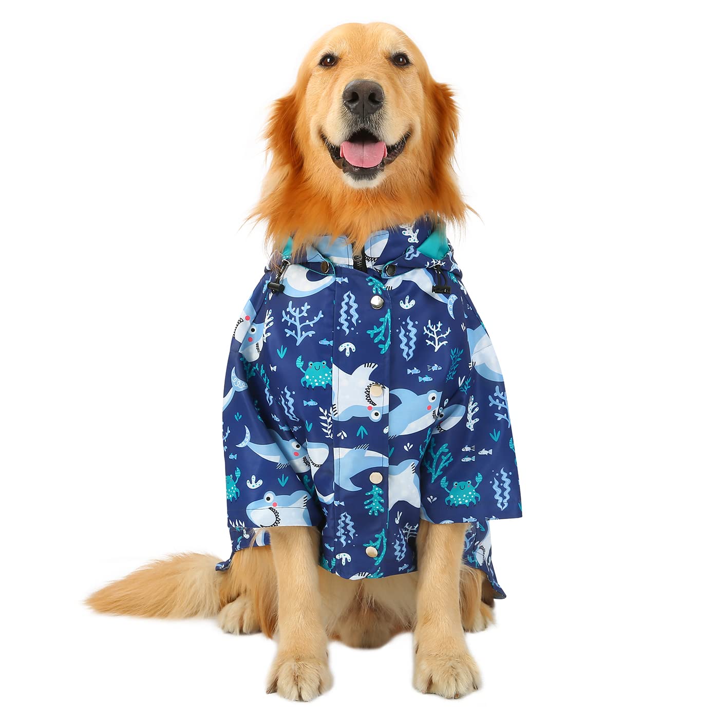 Hde Dog Raincoat Double Layer Zip Rain Jacket With Hood For Small To Large Dogs Sharks - 2Xl
