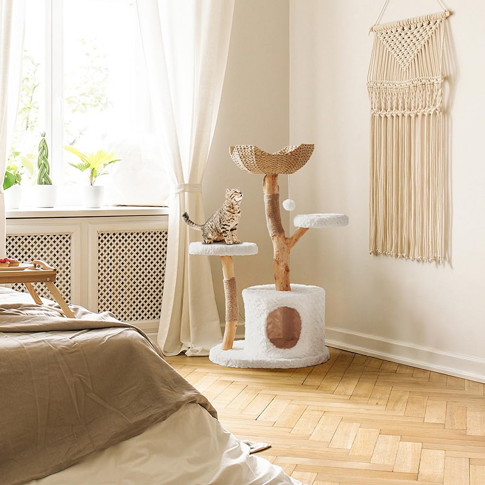 Unipaws Modern Cat Tree Tower For Small And Large Cats, Real Solid Wood Branch Luxury Cat Condo With Scratching Post And Cat Bed