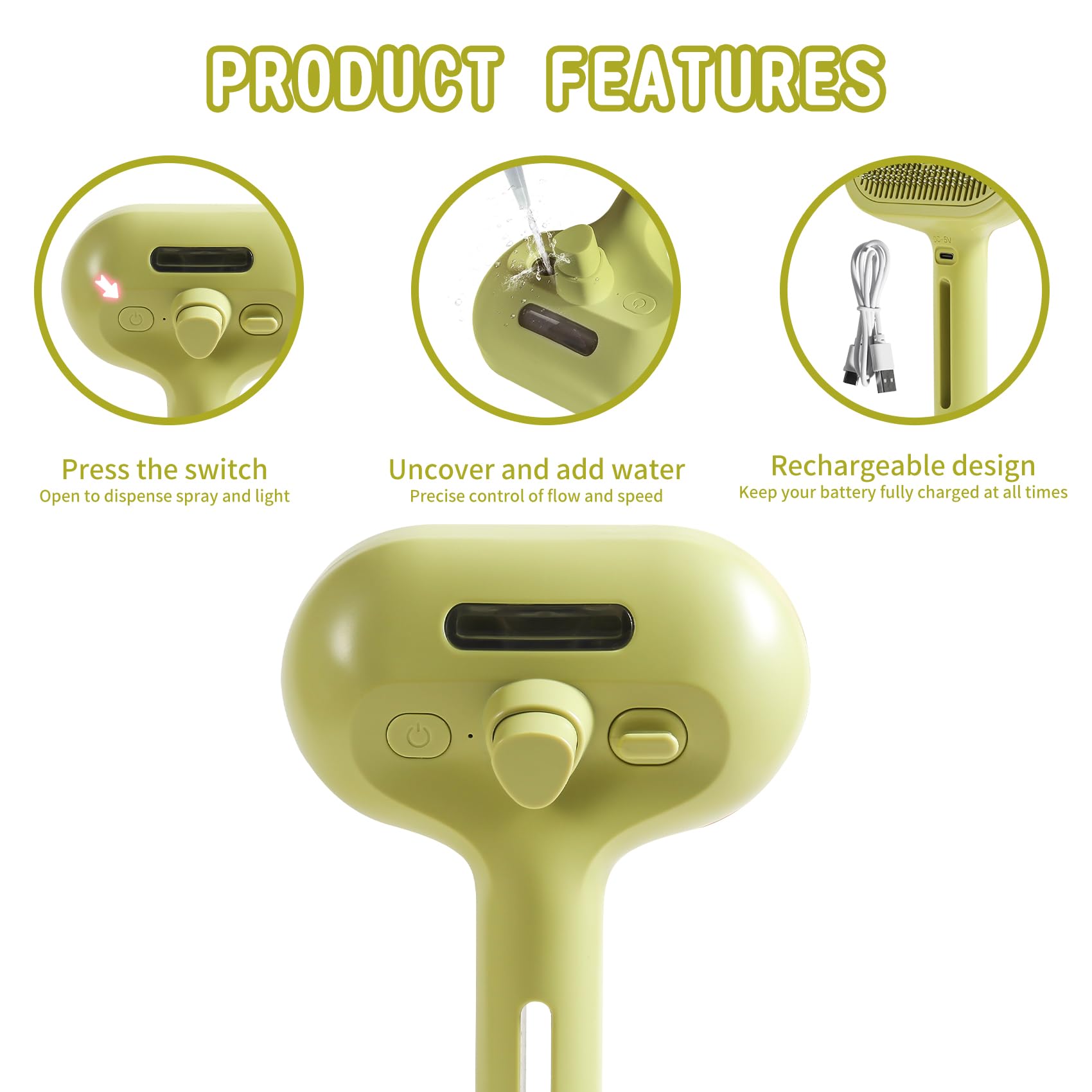 Cat/Dog Grooming Brush With Steamer - Deshedding Brush For Pet Hair, Bath Brush With Water Spray And Hair Comb (Yellow)