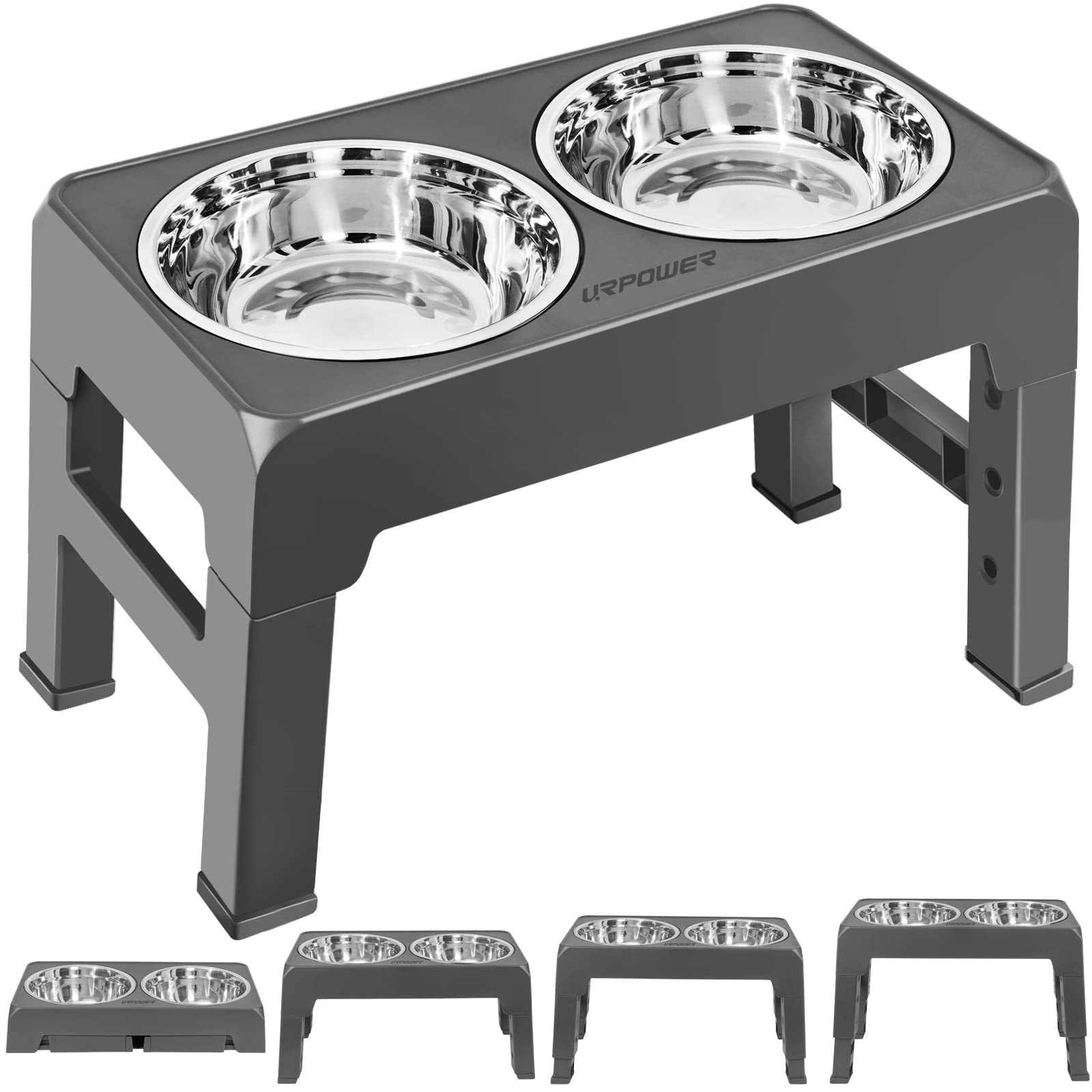 URPOWER Elevated Dog Bowls 4 Height Adjustable Raised Dog Bowl with 2 Stainless Steel Food and Water Bowls Non-Slip Bowl Stand A