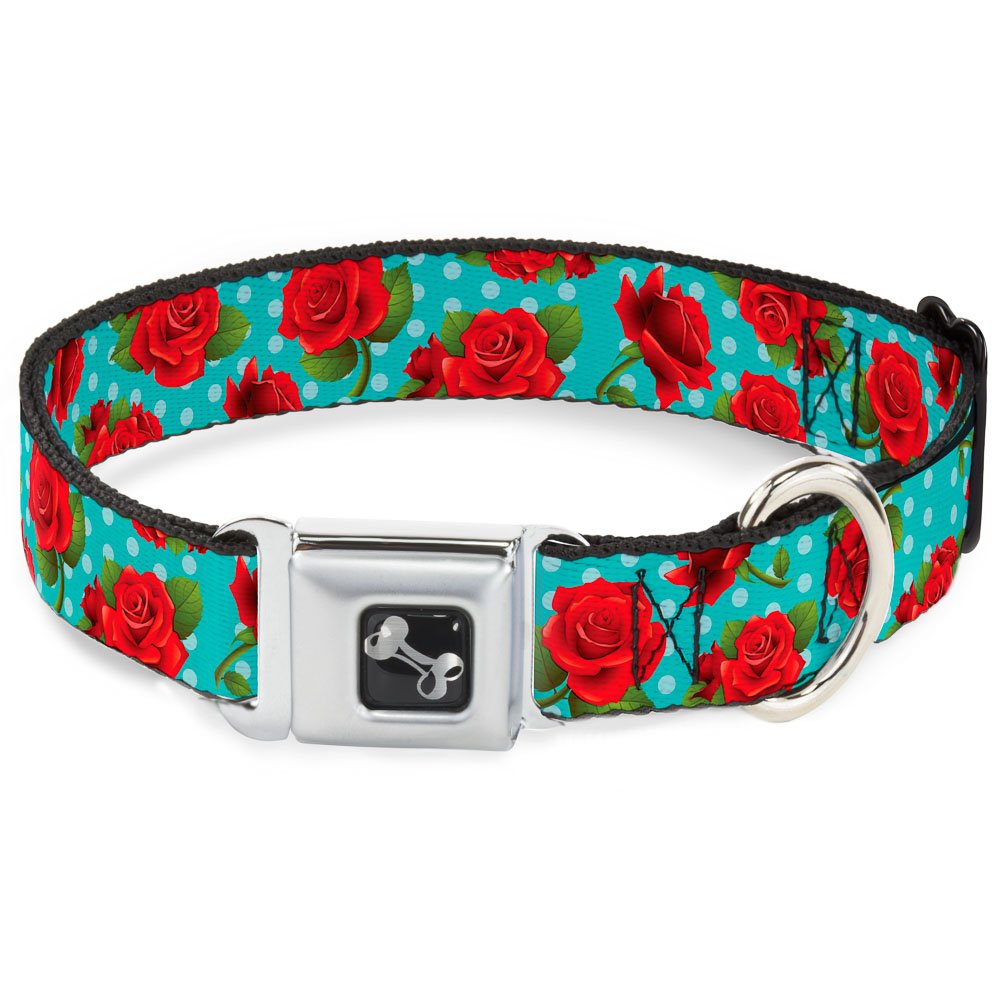 Buckle-Down Seatbelt Buckle Dog Collar - Red Roses/Polka Dots Turquoise - 1.5' Wide - Fits 18-32' Neck - Large