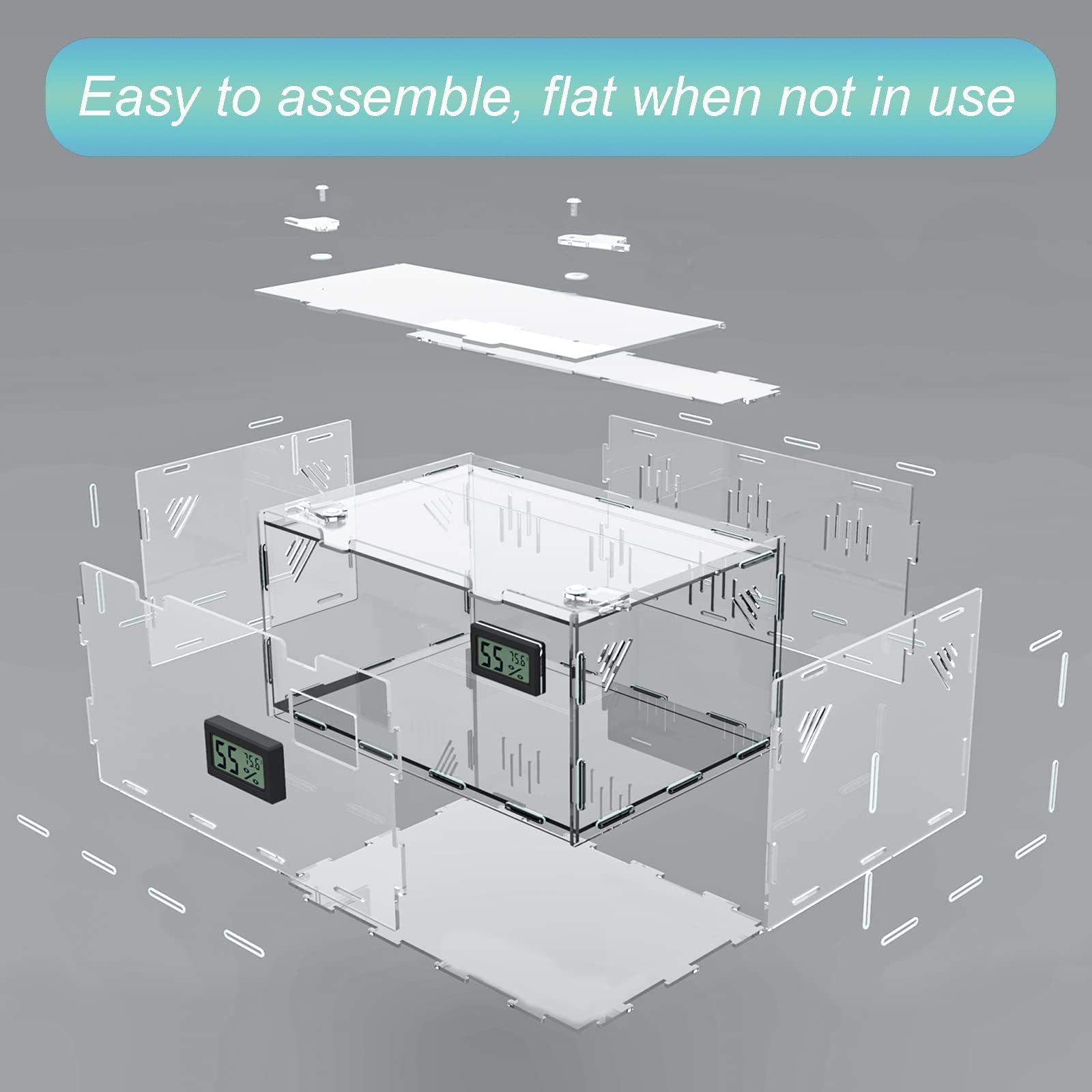 Reptile Terrariums, With Temperature Hygrometer, 15.7''X9.9''X7.1''Acrylic Reptile Breeding Box Terrarium Cage Tank For Small Re