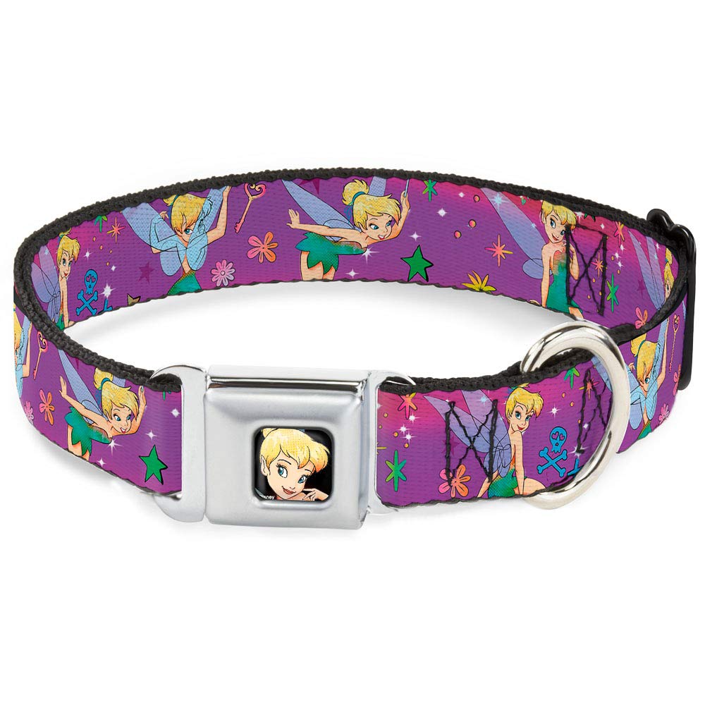 Dog Collar Seatbelt Buckle Tinker Bell Poses Flowers Stars Skull Purple 18 To 32 Inches 1.5 Inch Wide
