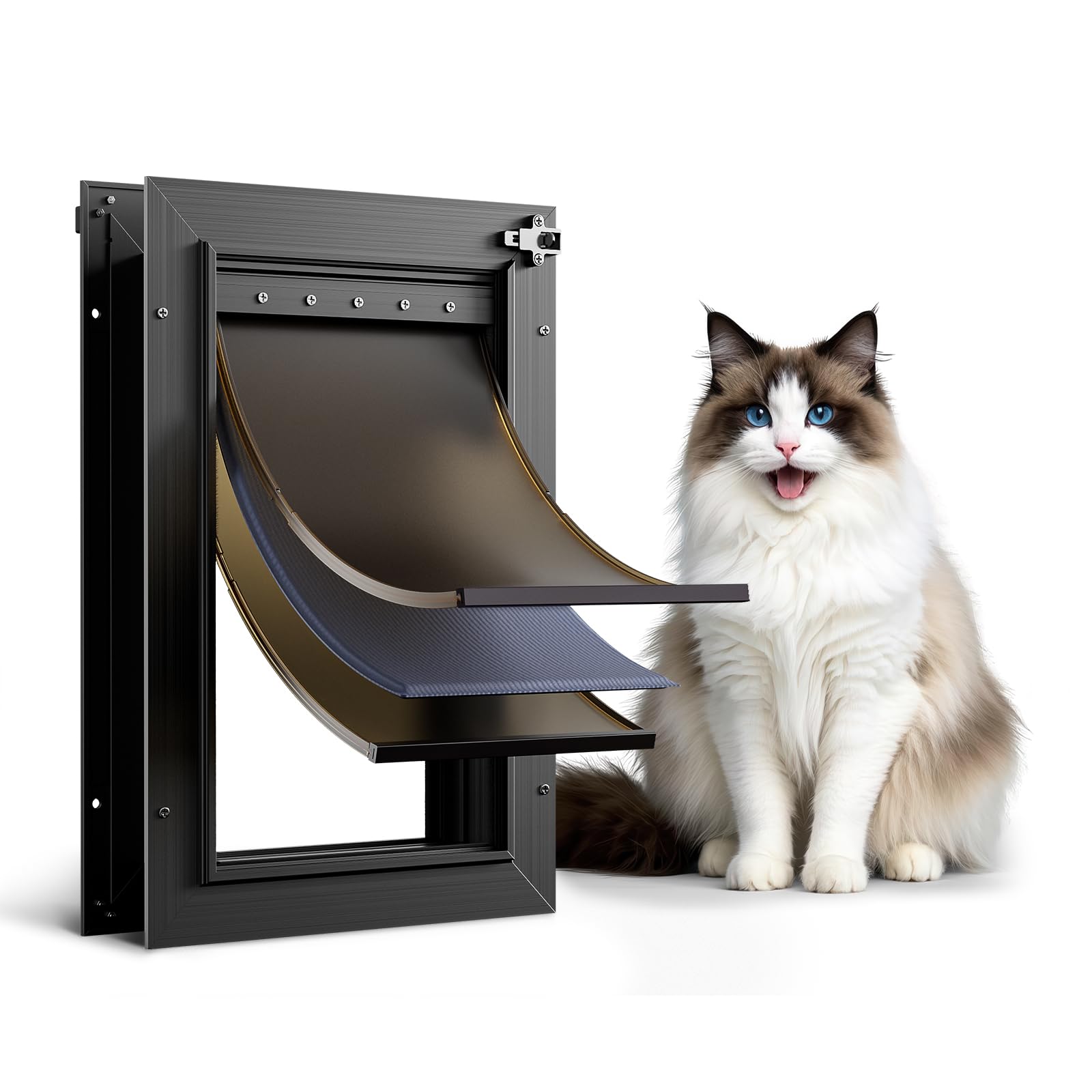 All Aluminum Cat Door Interior Door Black 3 Flaps, For Exterior Door Small Cat Dog Doggy Doggie Door, Heavy Duty Pet Door, Insul