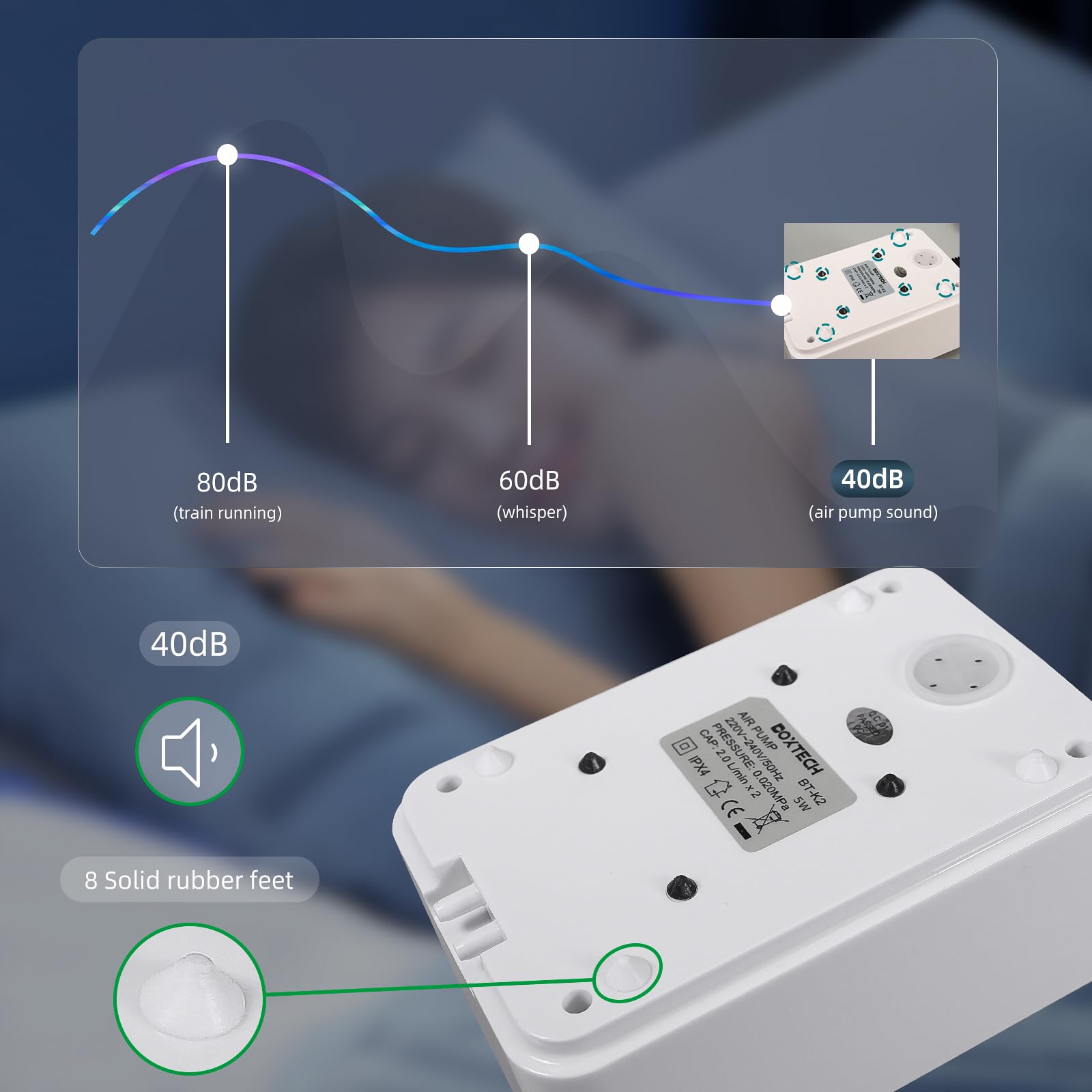 boxtech Upgrade Aquarium Air Pump, Ultra-Quiet Fish Tank Oxygen Pump with Adjustable Airflow, Powerful Air Pump with 2 Outlets t
