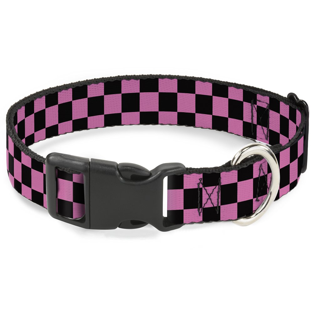 Dog Collar Plastic Clip Checker Black Pink 11 To 17 Inches 1.0 Inch Wide