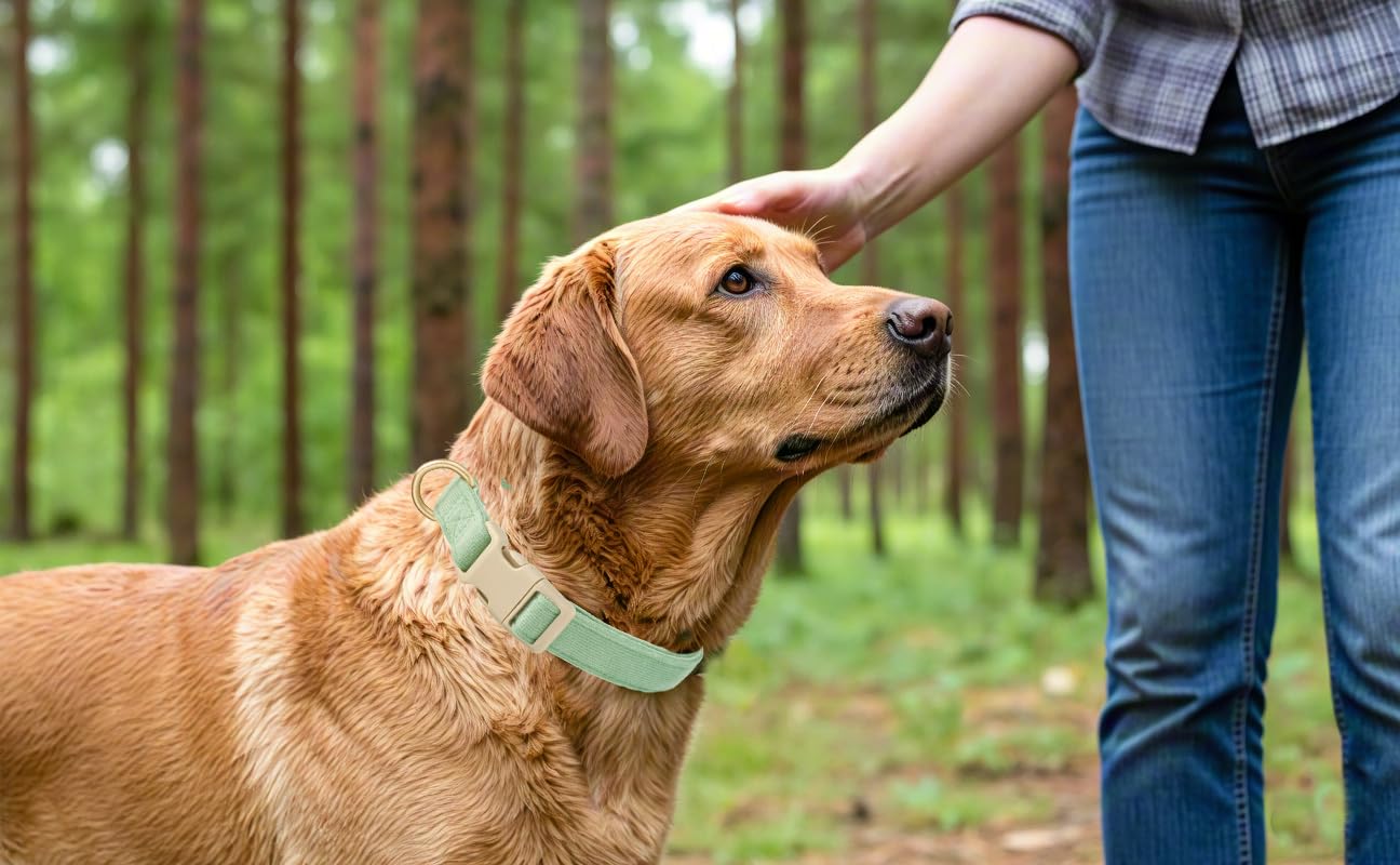 Yudote Soft Cotton Dog Collar Adjustable Corduroy Dog Collars For Small Medium Large Dogs(Grass Green,Medium)