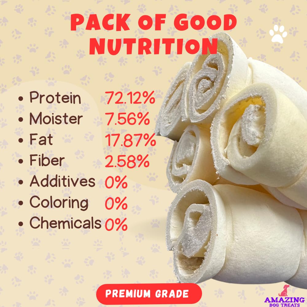 Amazing Dog Treats - Beef Cheek Rolls (Mega Thick 5-6 - 4 Pcs) - Safe Rawhide Alternative Dog Chew - Great for Power Chewers - L