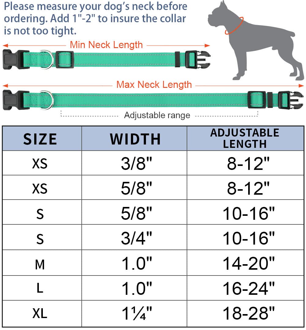 Taglory Reflective Adjustable Dog Collars For Puppy Small Medium Large Dogs, Thin Nylon Webbing And Quick Release Plastic Buckle(Teal Green,X-Large)