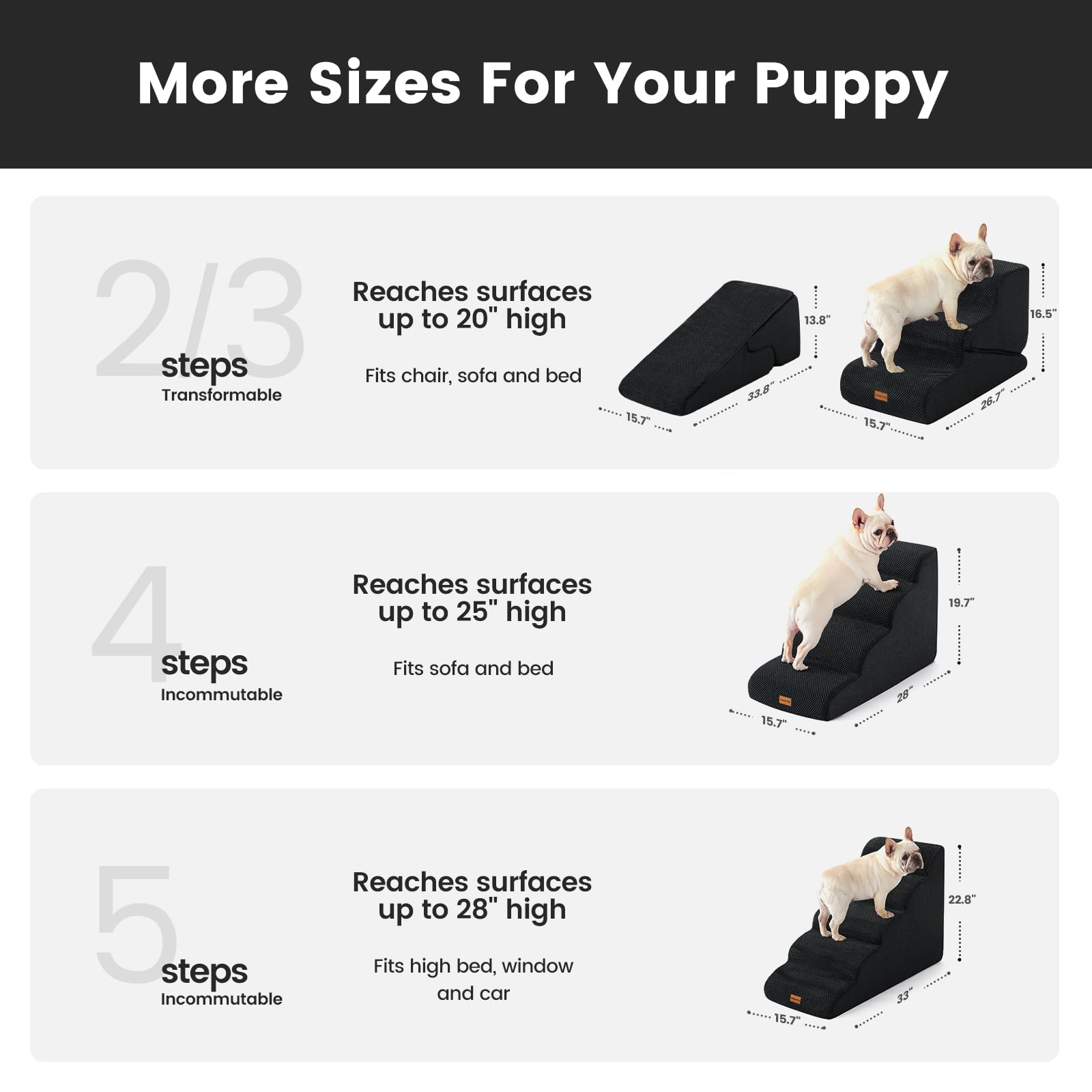 Gardner Pet Dog Stairs for Small Dogs 19.7 H, 4-Step Black Curved Pet Stairs, Dog Steps for High Bed (18-24 in), Couch with Dura