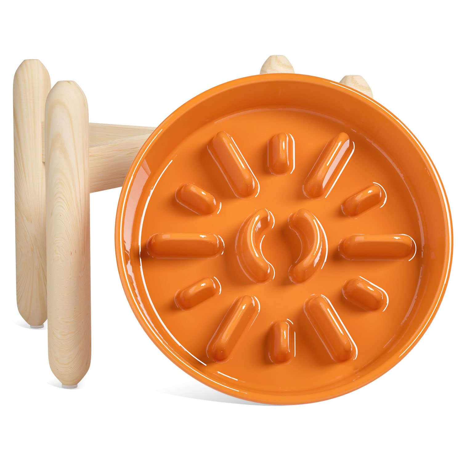 LE TAUCI Ceramic Slow Feeder Dog Bowl Elevated, 3 Cups Raised With Wooden Stand for Medium Large Breed, Dishes to Slow Down Eati