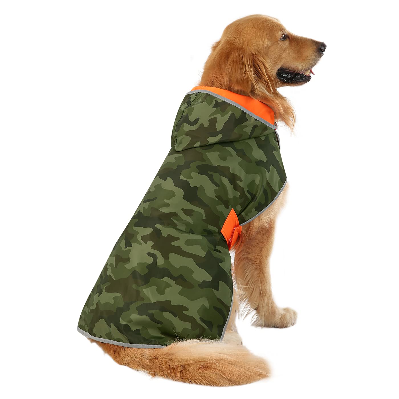 HDE Reversible Dog Raincoat Hooded Slicker Poncho Rain Coat Jacket for Small Medium Large Dogs Camo Orange - L