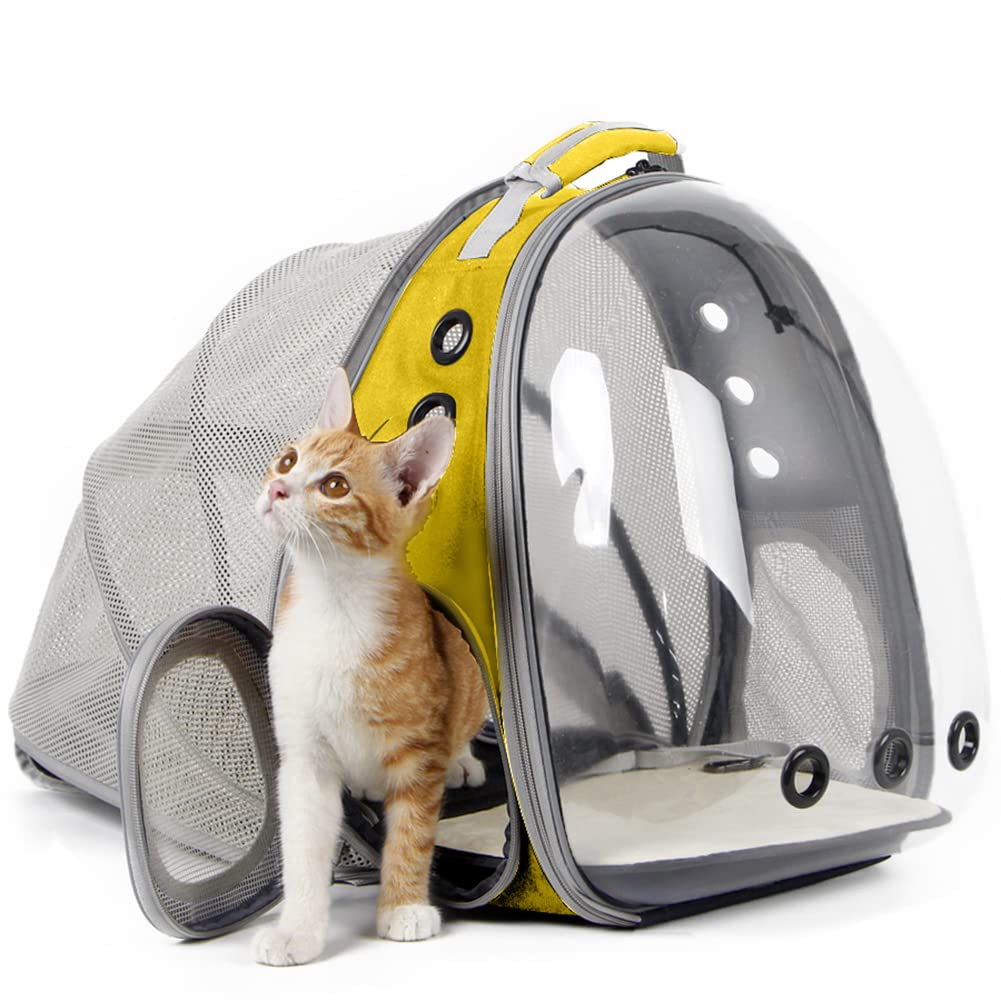Expandable Cat Backpack Carrier, Fit Up To 20 Lbs, Space Capsule Astronaut Bubble Window Pet Backpack For Large Cat And Small Puppy (Yellow, Dual Extension)
