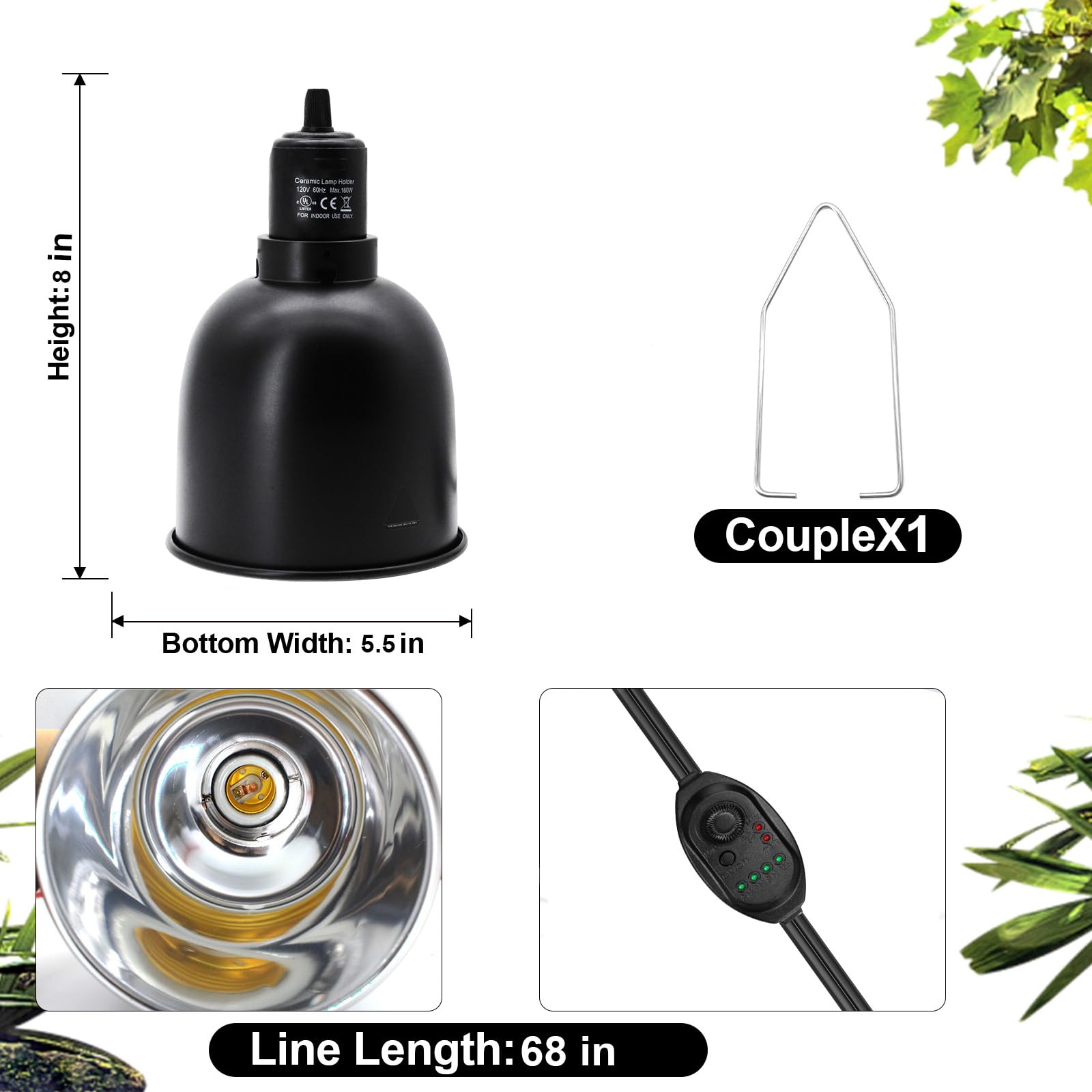 Mecesor Reptile Light Fixture With Dimming Switch And Timer, 5.5 Inch Deep Dome Reptile Heat Lamp Fixture, Reptile Lamp Fixture