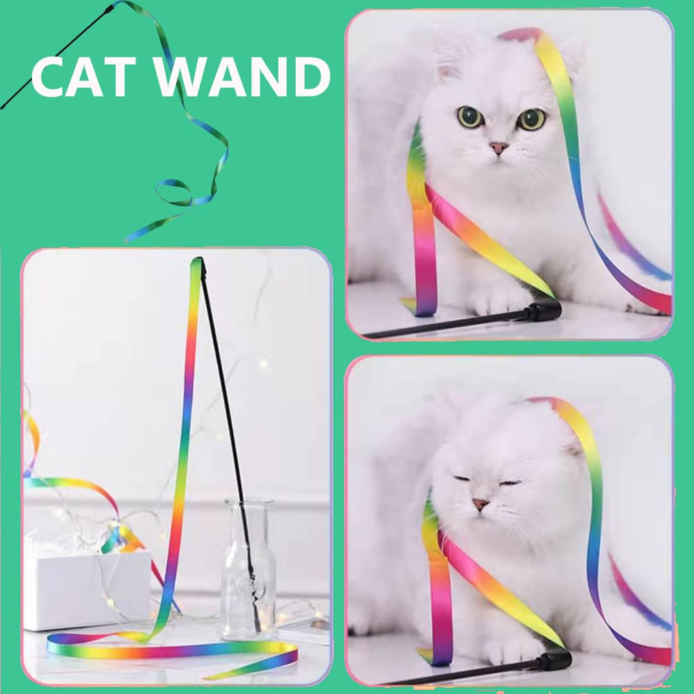 Lasocuhoo Interactive Cat Rainbow Wand Toys, Interactive Cat Teaser Wand String, Colorful Ribbon Charmer For Most Cats And Kitte