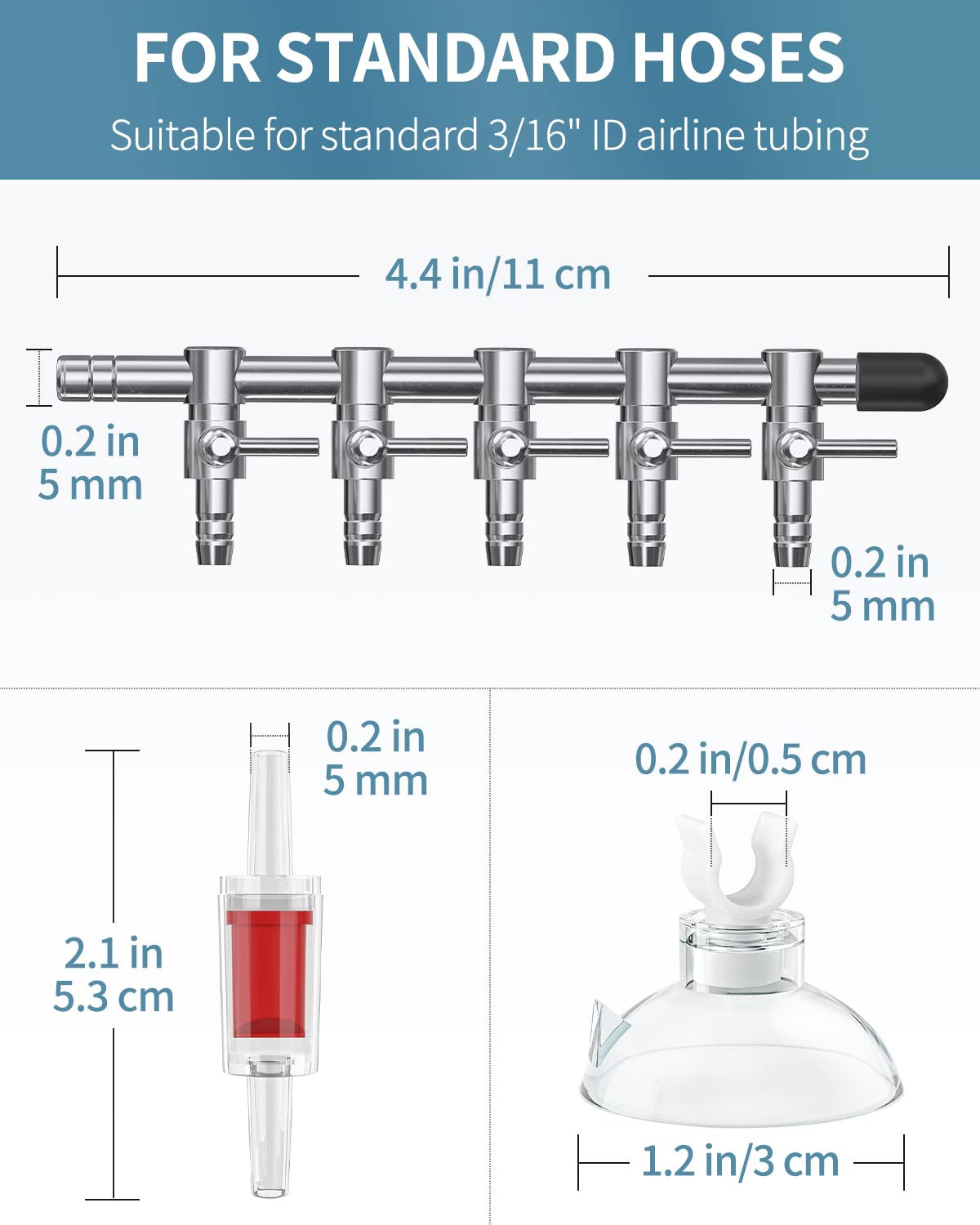 Pawfly 5-Way Aquarium Air Flow Control Lever Valve Manifold For Air Pumps Fish Tank Multi-Port Distributor Splitter With 5 Non-Return Check Valves And 6 Suction Cup Clips