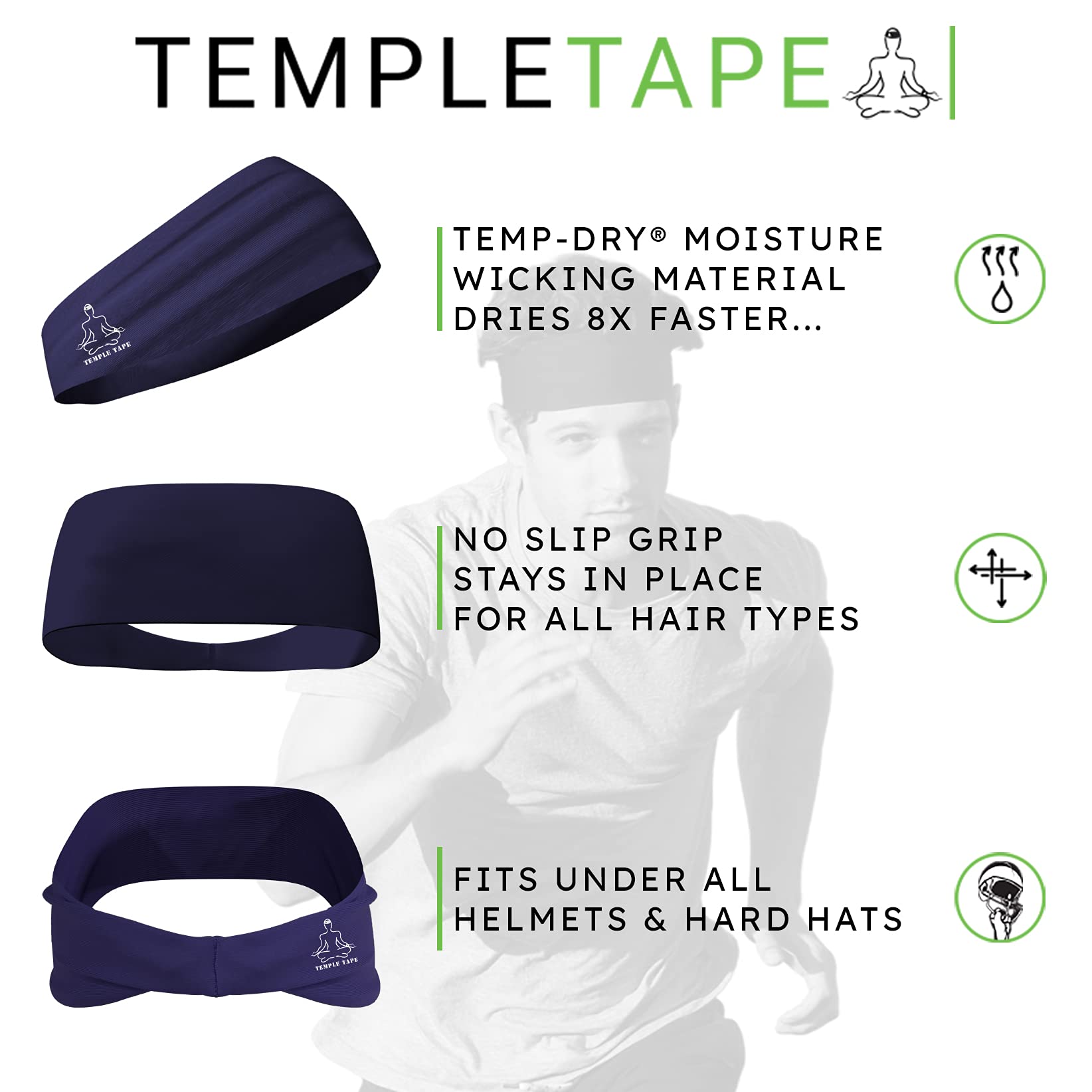Temple Tape Headbands For Men And Women - Mens Sweatband  Sports Headband Moisture Wicking Workout Sweatbands For Running, Cross
