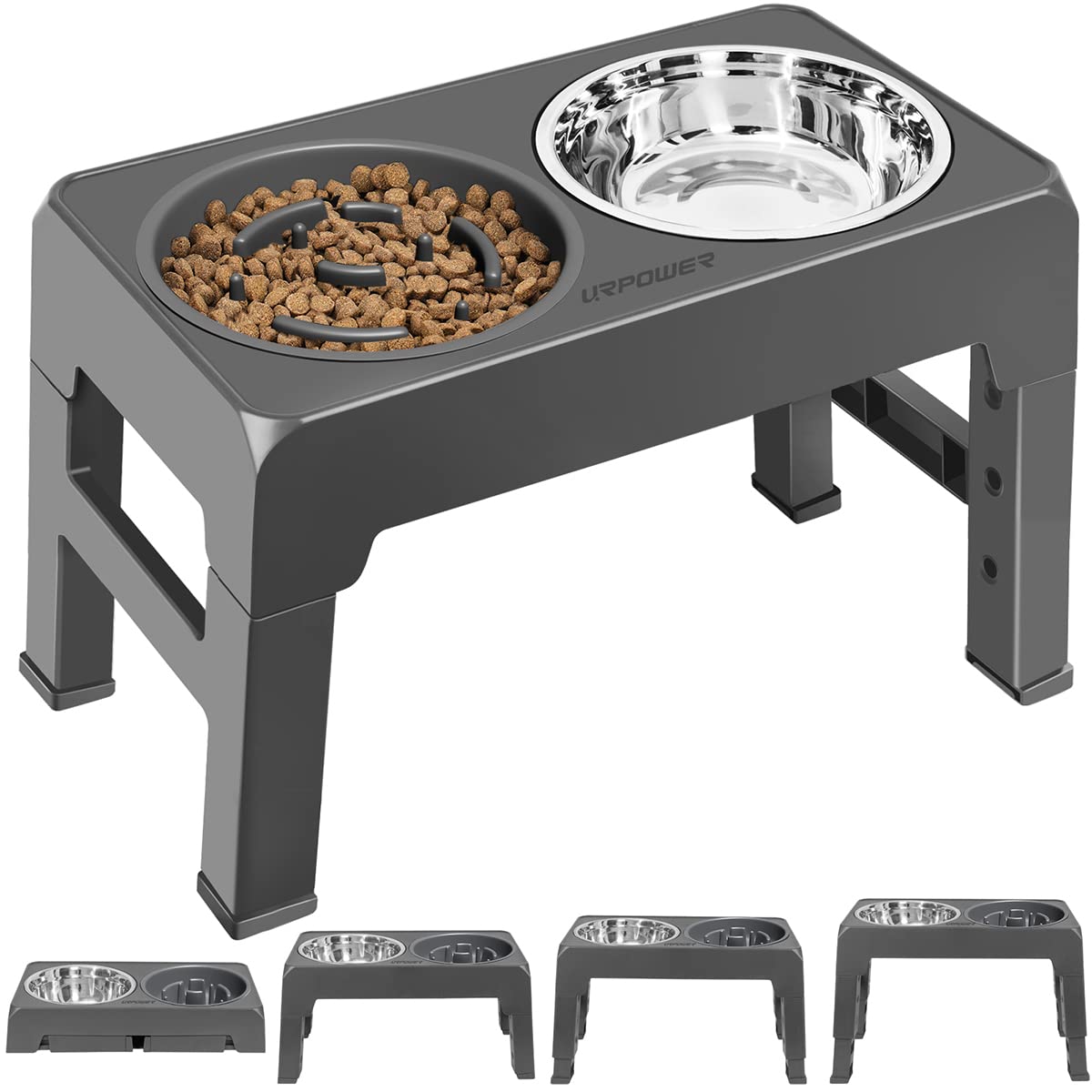 URPOWER Raised Slow Feeder Dog Bowls 4 Height Adjustable Elevated Dog Bowls with Stainless Steel Dog Water Bowl and Dog Slow Fee