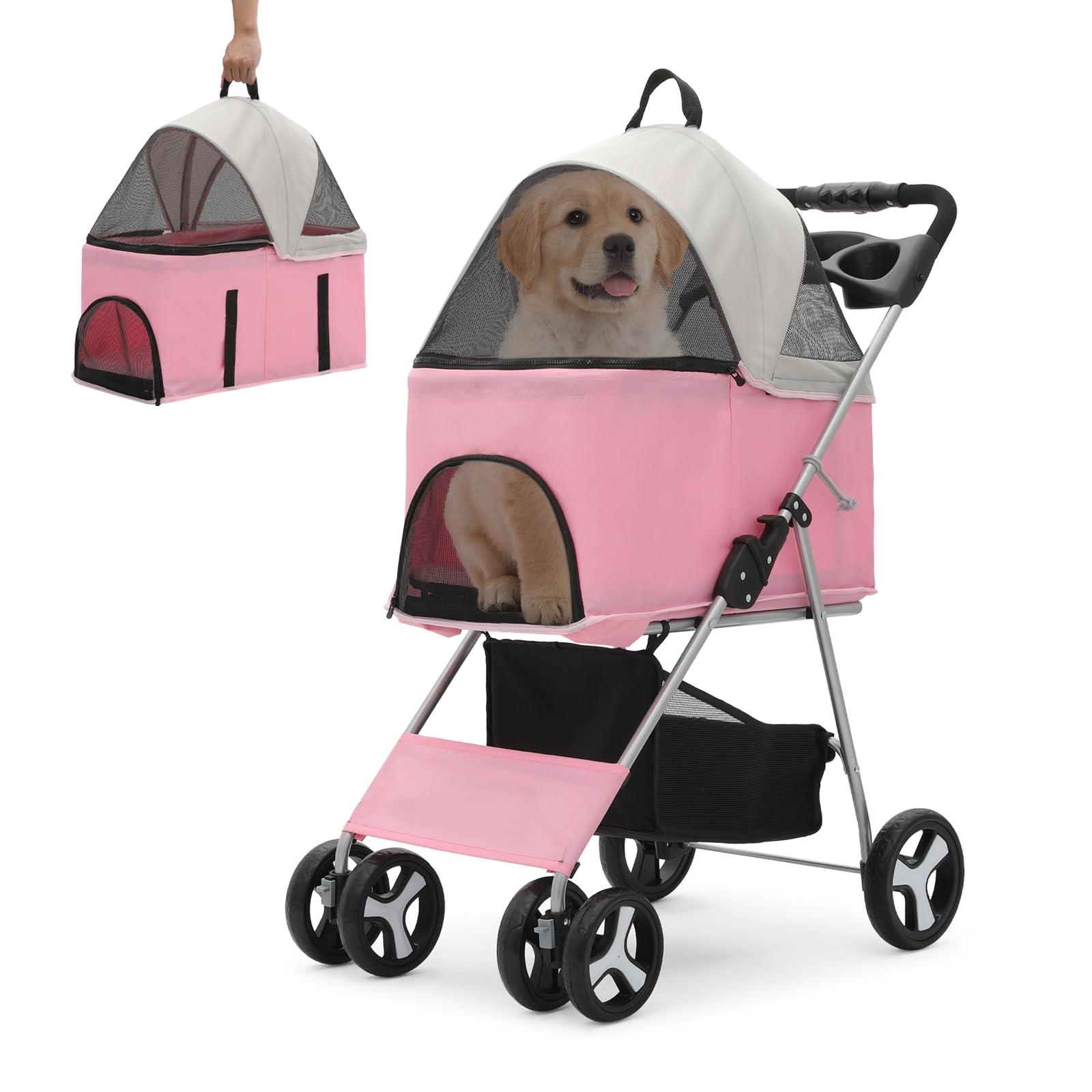 Athena Collection 4 Wheels Pet Stroller for Medium Dogs 33 Lbs Puppy Cat Pet Dog Stroller with Detachable Carrier, Cup Holder Tr