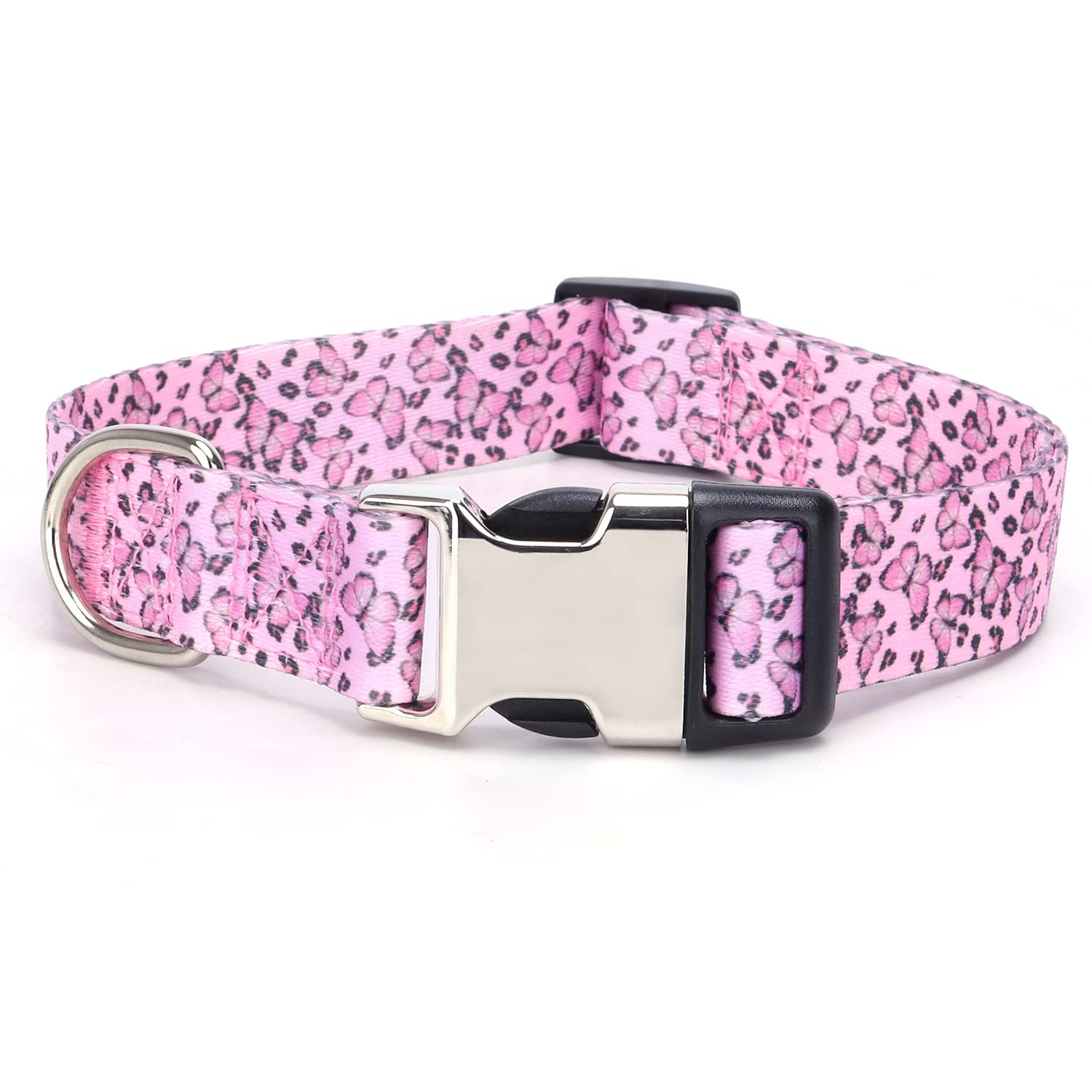 Pink Dog Collars For Medium Dogs, Pretty Pattern Print Butterfly Dog Collar Metal Buckle Durable Soft Female Dog Collars For Xsm