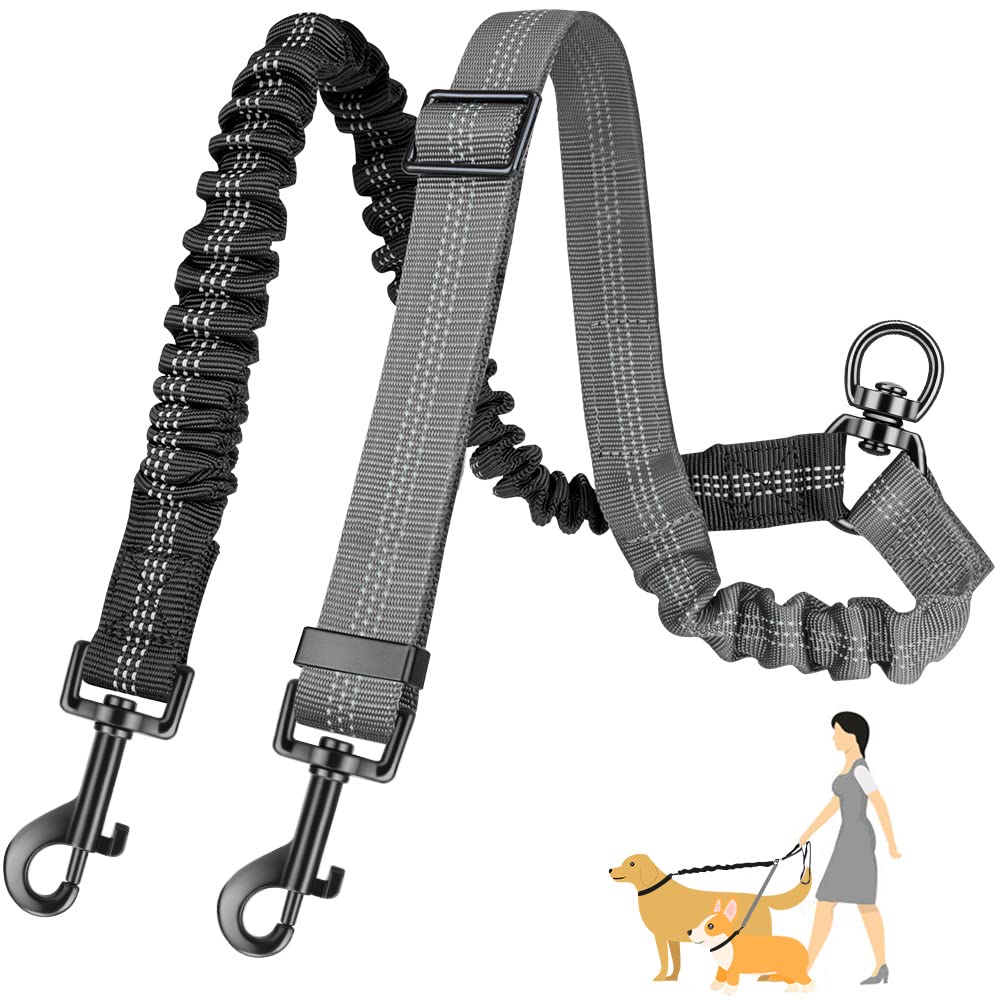 Autowt Two Dog Lead, 2 In 1 Upgraded Double Dog Leash Attachment Combine Adjustable Strap And Shock Absorbing Bungee No Tangle Dual Training Splitter For Medium Large Dogs (Black & Grey)